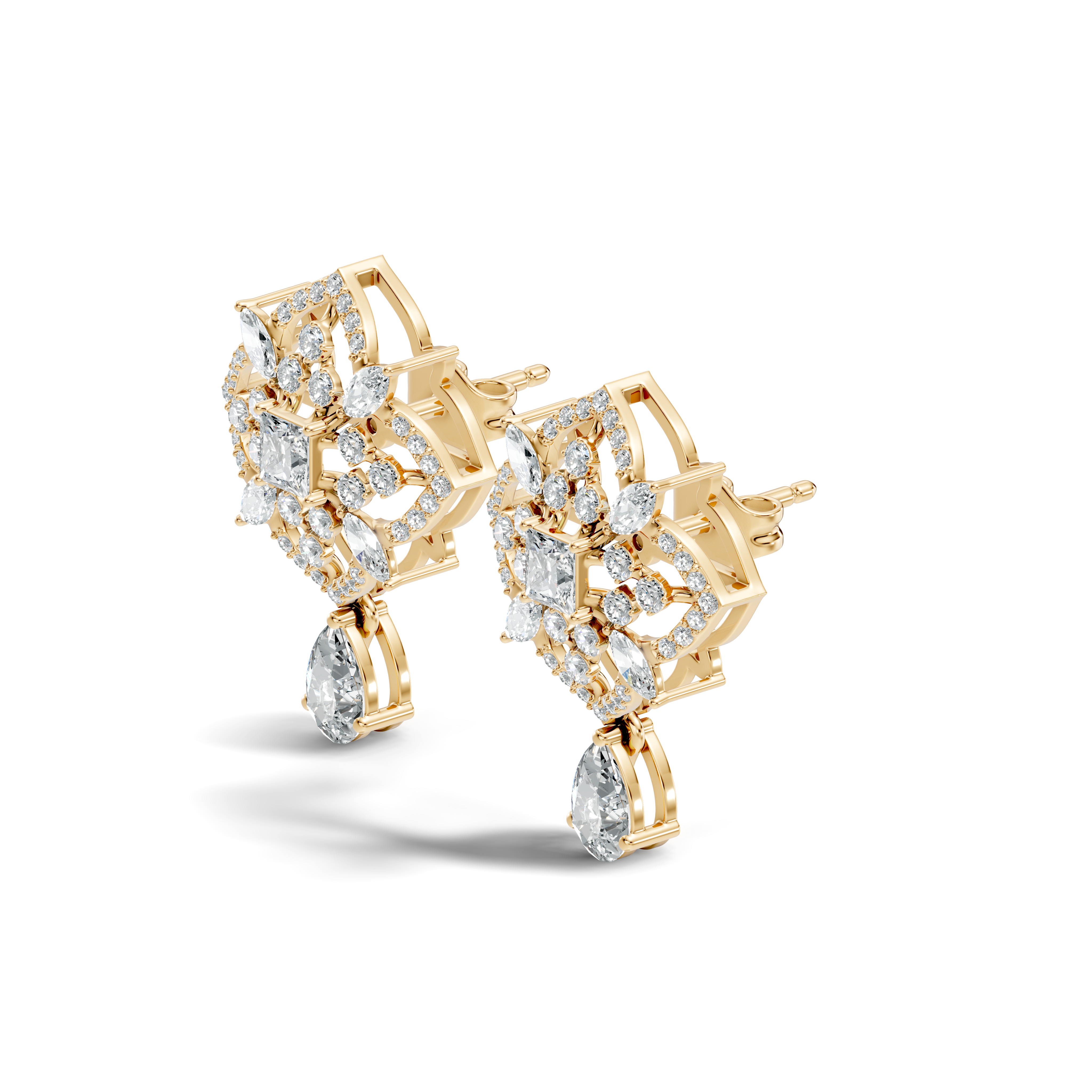 Princess Solitaire & Openwork Quatrefoil Pear Drop Earrings