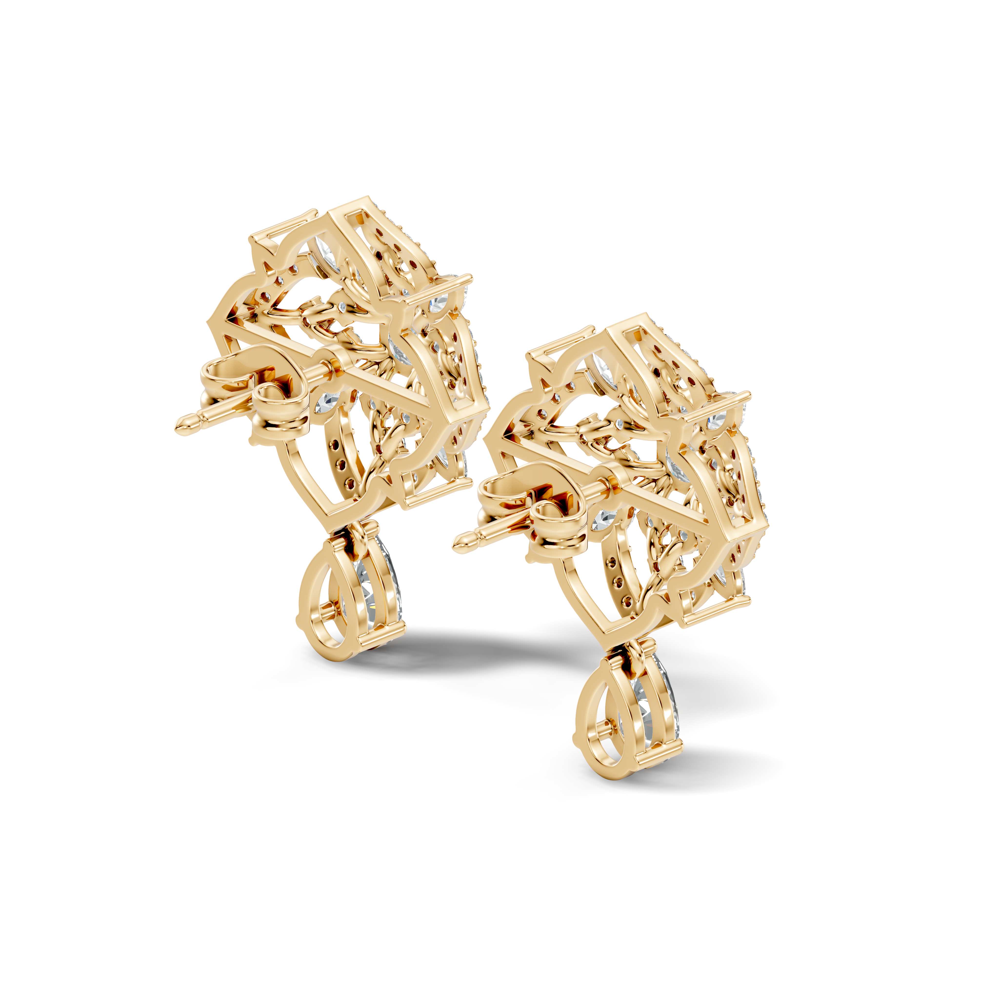 Princess Solitaire & Openwork Quatrefoil Pear Drop Earrings
