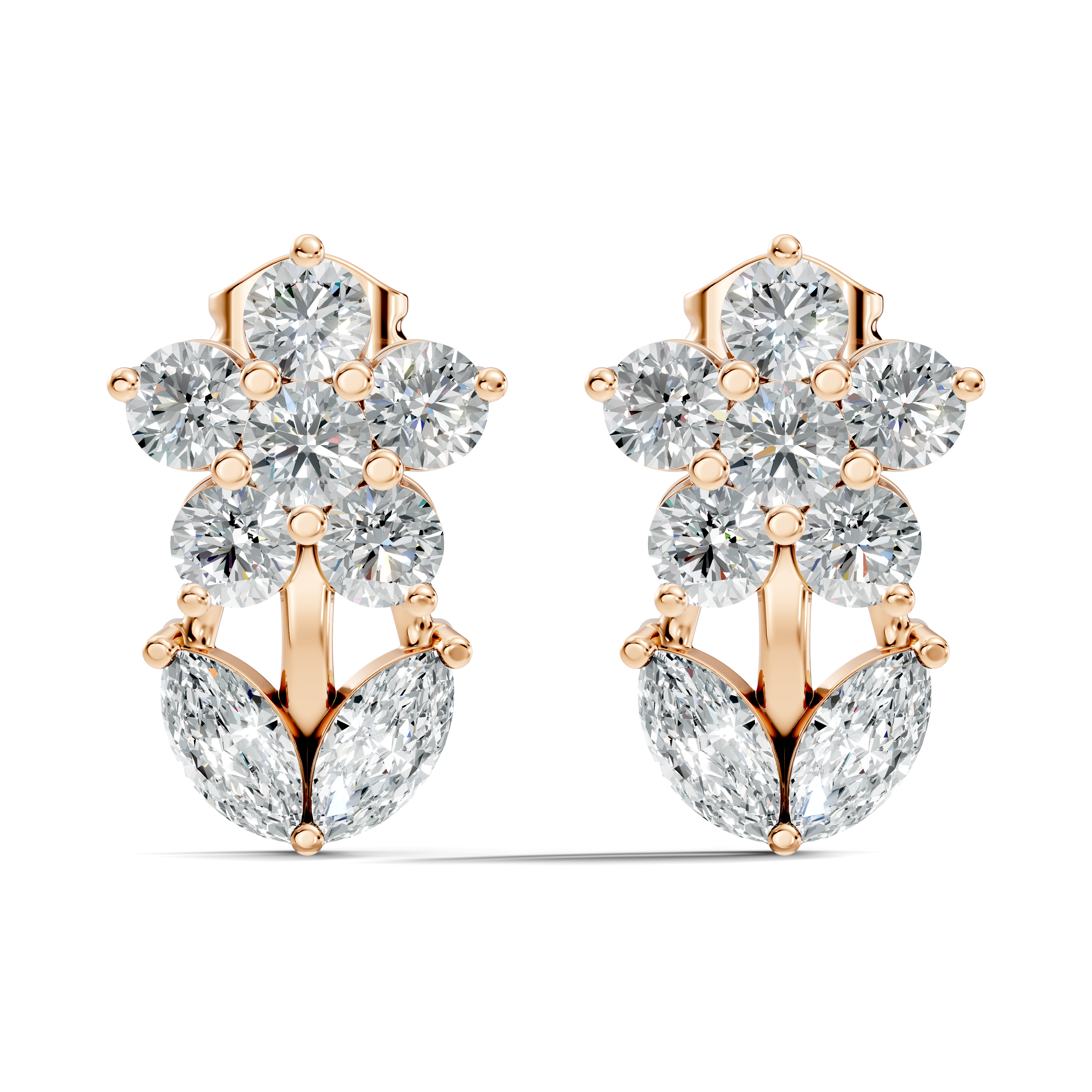 Round Floral Bloom & Marquise Leaf Diamond Stud