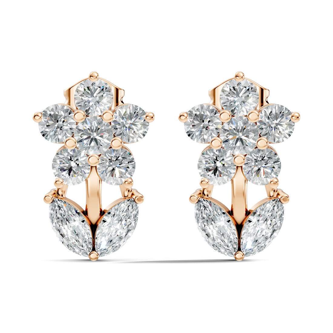 Round Floral Bloom & Marquise Leaf Diamond Stud