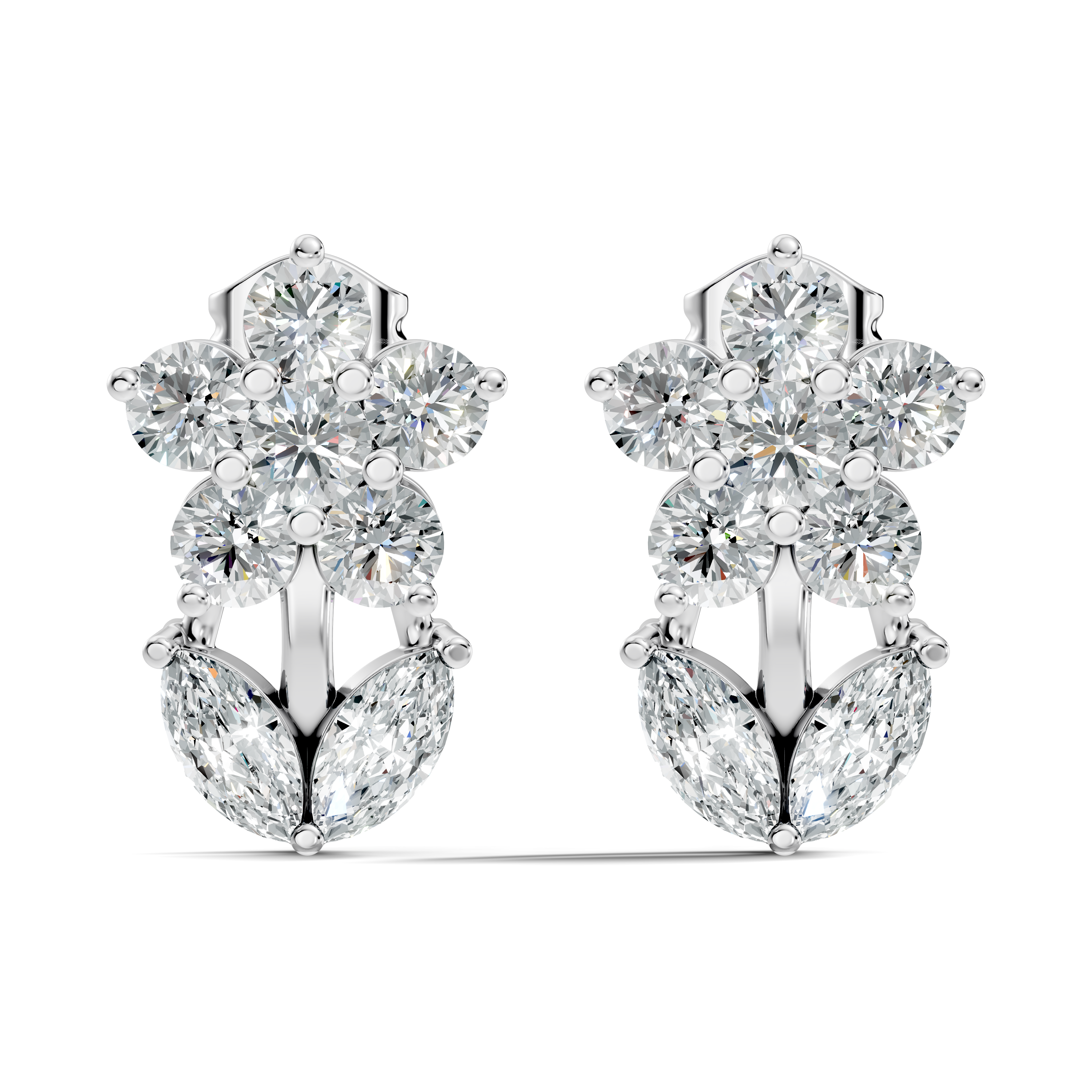 Round Floral Bloom & Marquise Leaf Diamond Stud