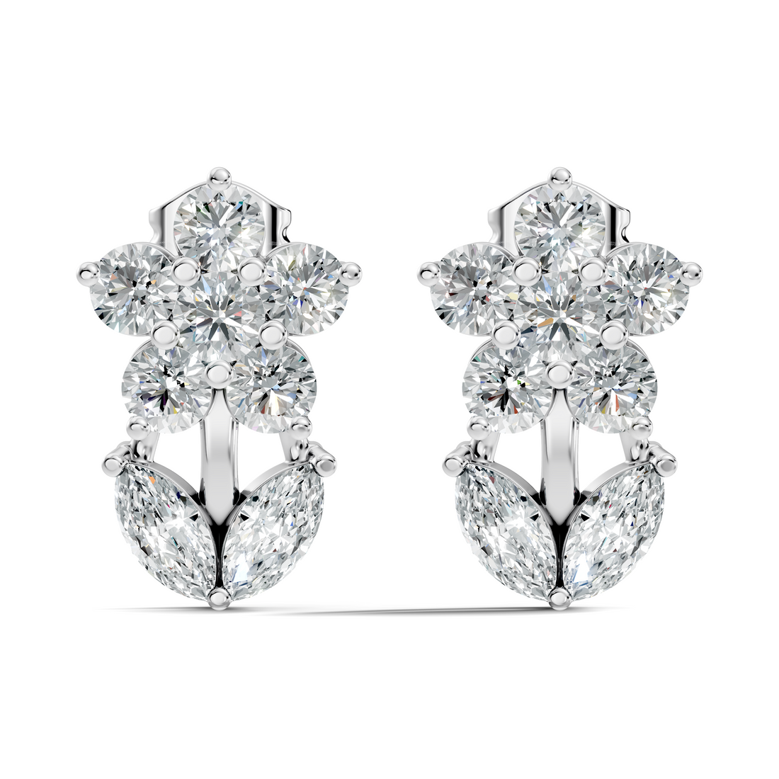 Round Floral Bloom & Marquise Leaf Diamond Stud