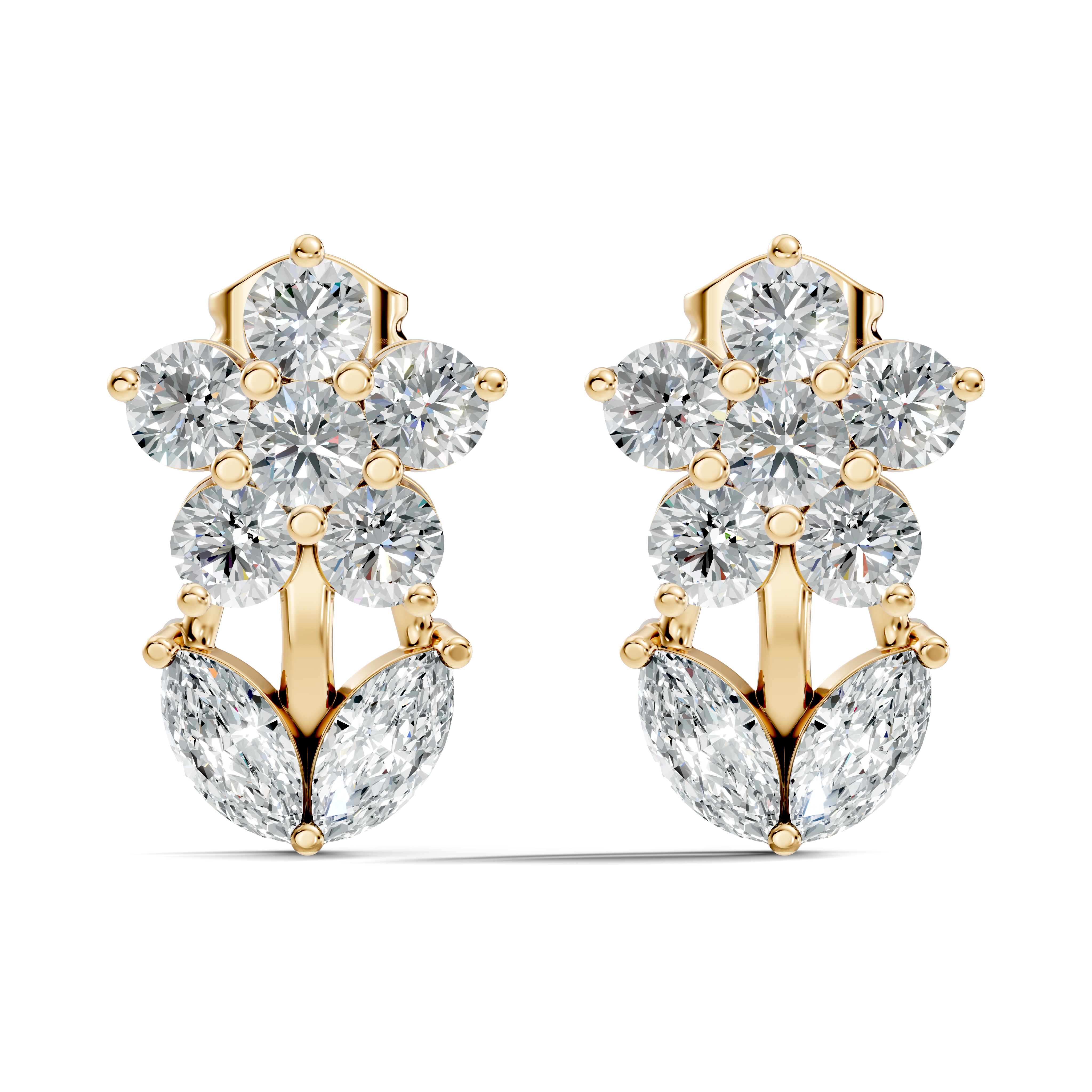 Round Floral Bloom & Marquise Leaf Diamond Stud