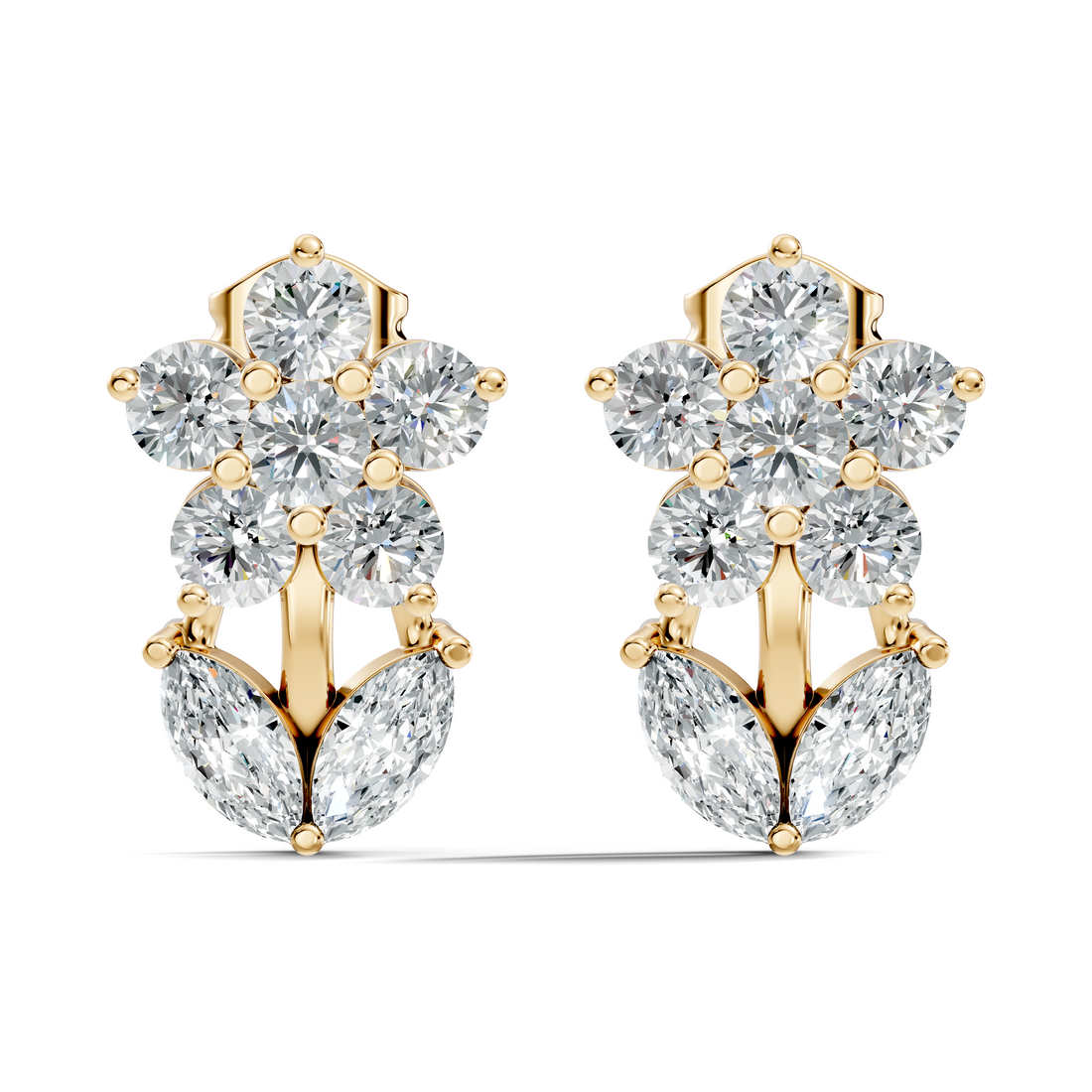 Round Floral Bloom & Marquise Leaf Diamond Stud