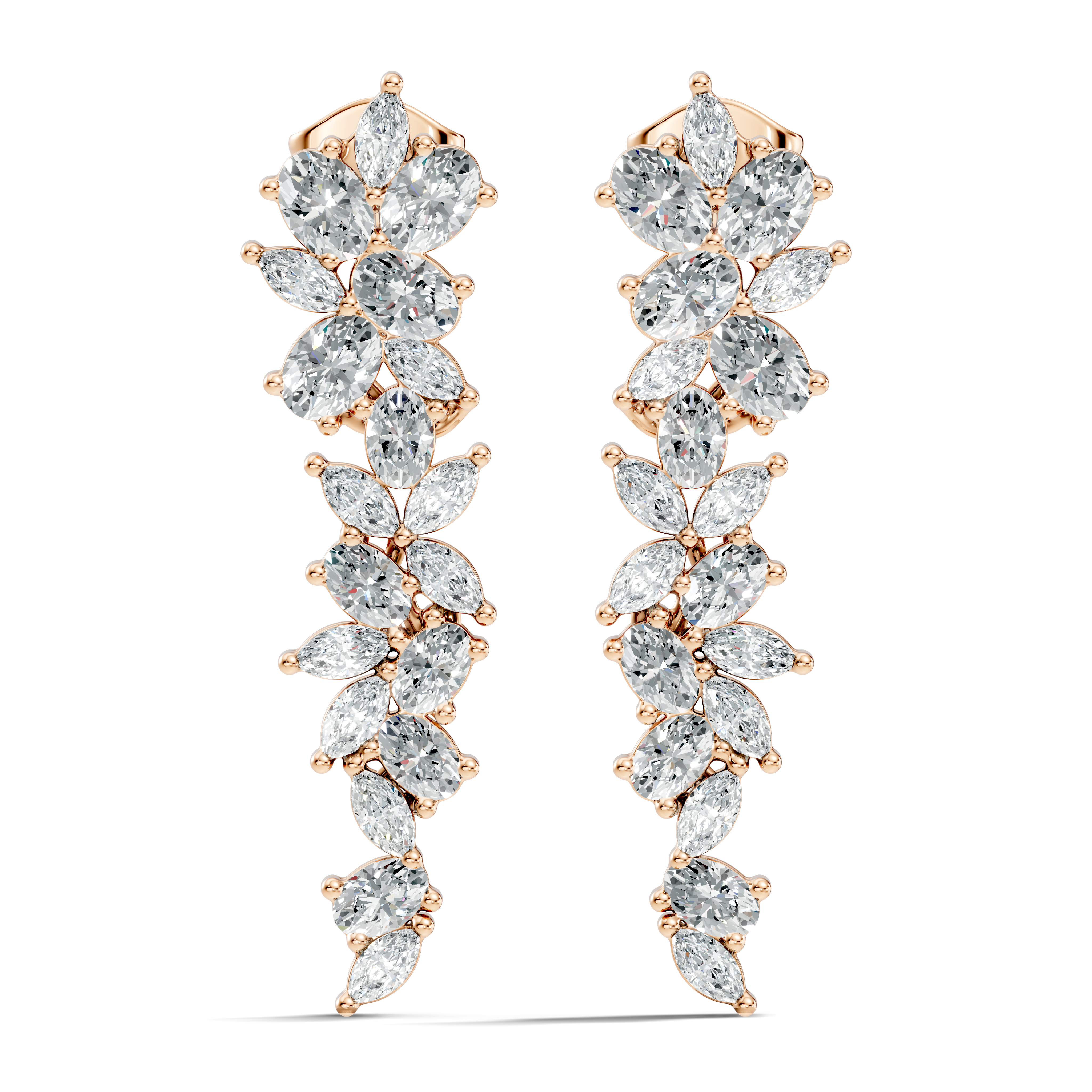 Oval & Marquise Leaf Vine Cascade Diamond Drop Earrings