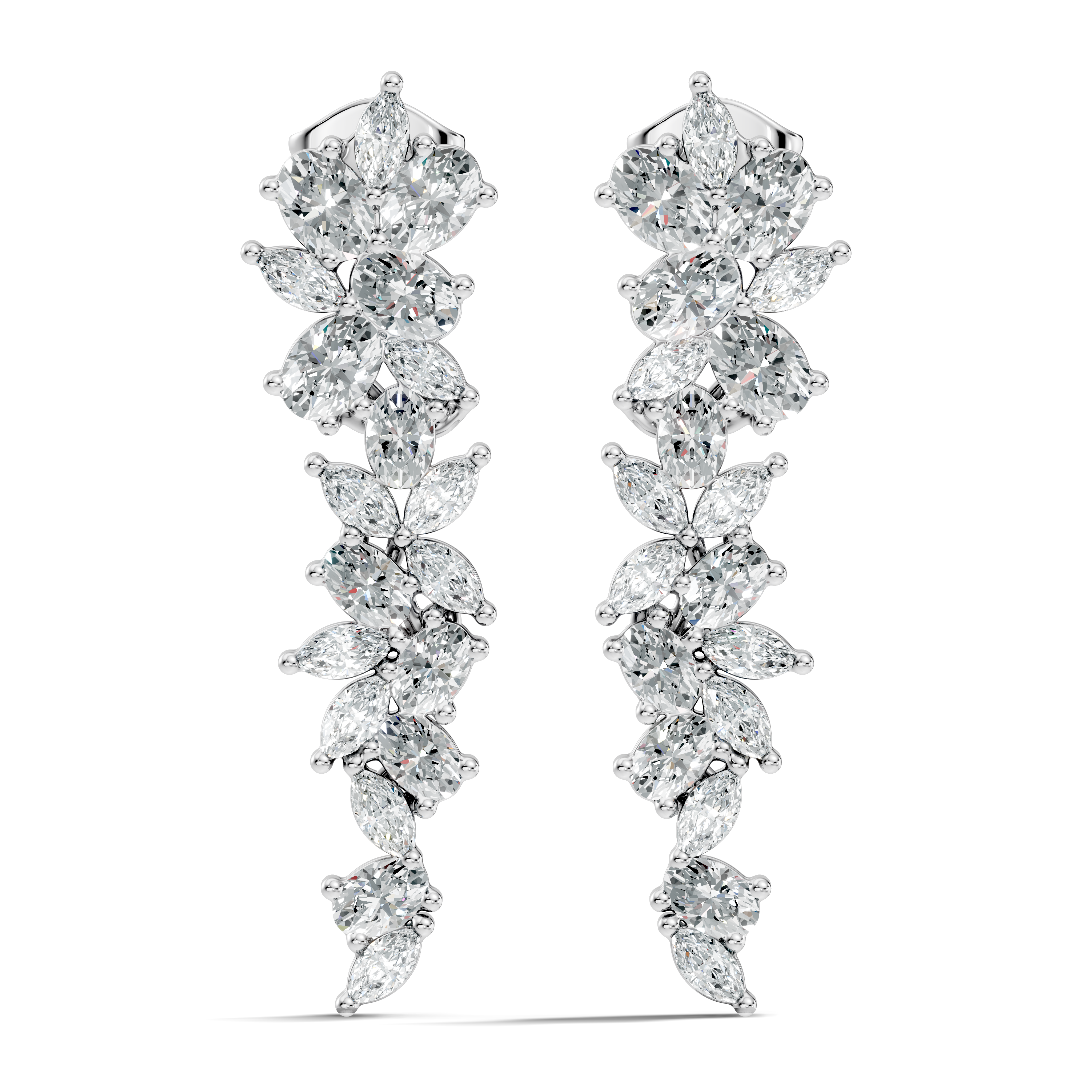 Oval & Marquise Leaf Vine Cascade Diamond Drop Earrings