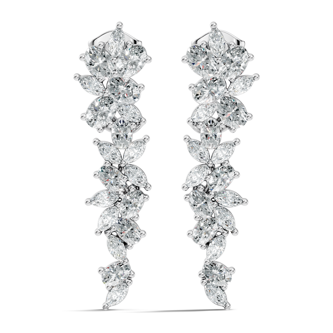 Oval & Marquise Leaf Vine Cascade Diamond Drop Earrings