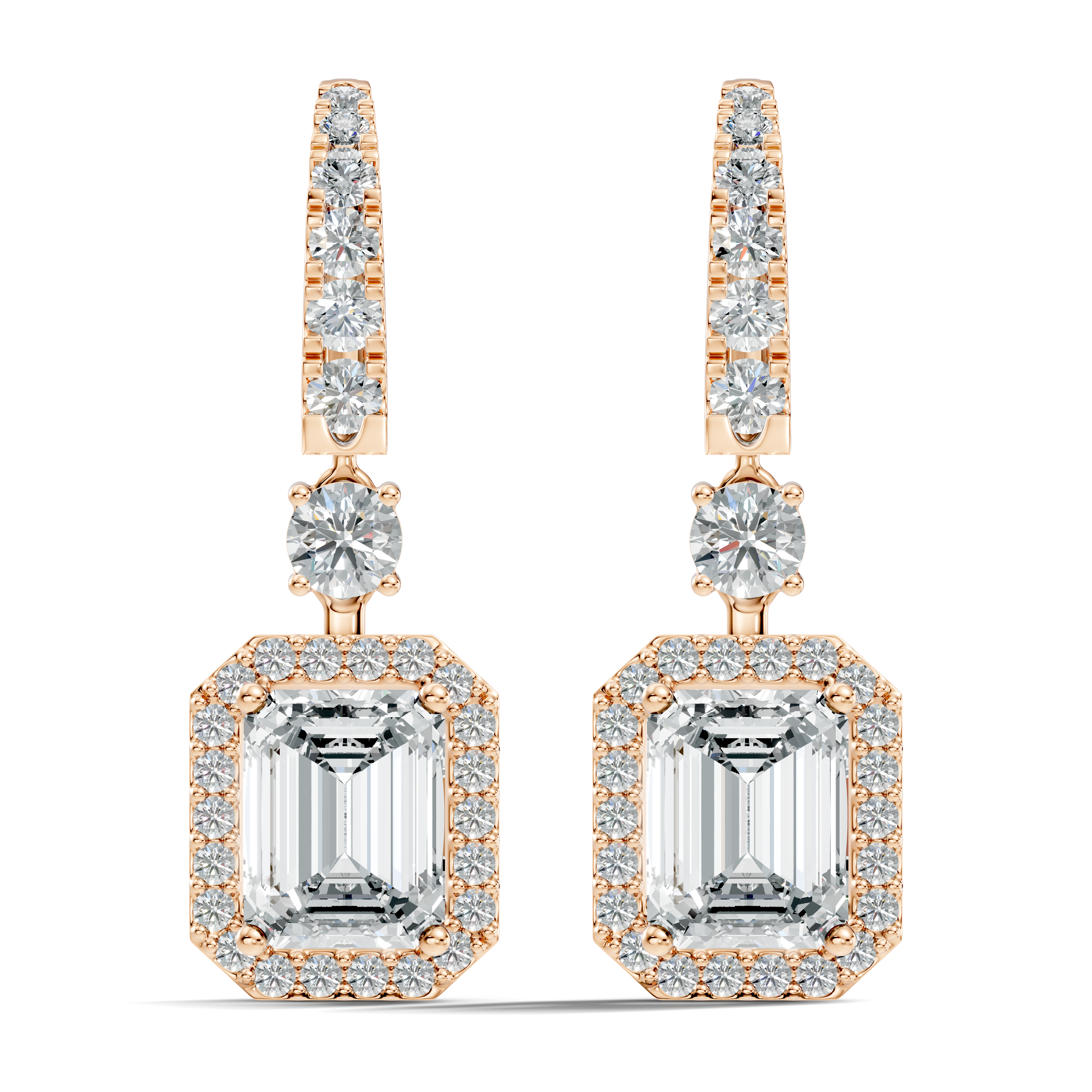 Emerald Cut Halo & Graduated Diamond Hoop Drop Earrings