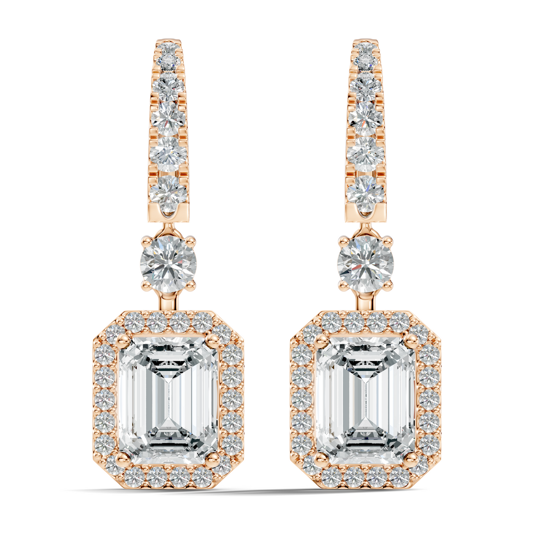 Emerald Cut Halo & Graduated Diamond Hoop Drop Earrings