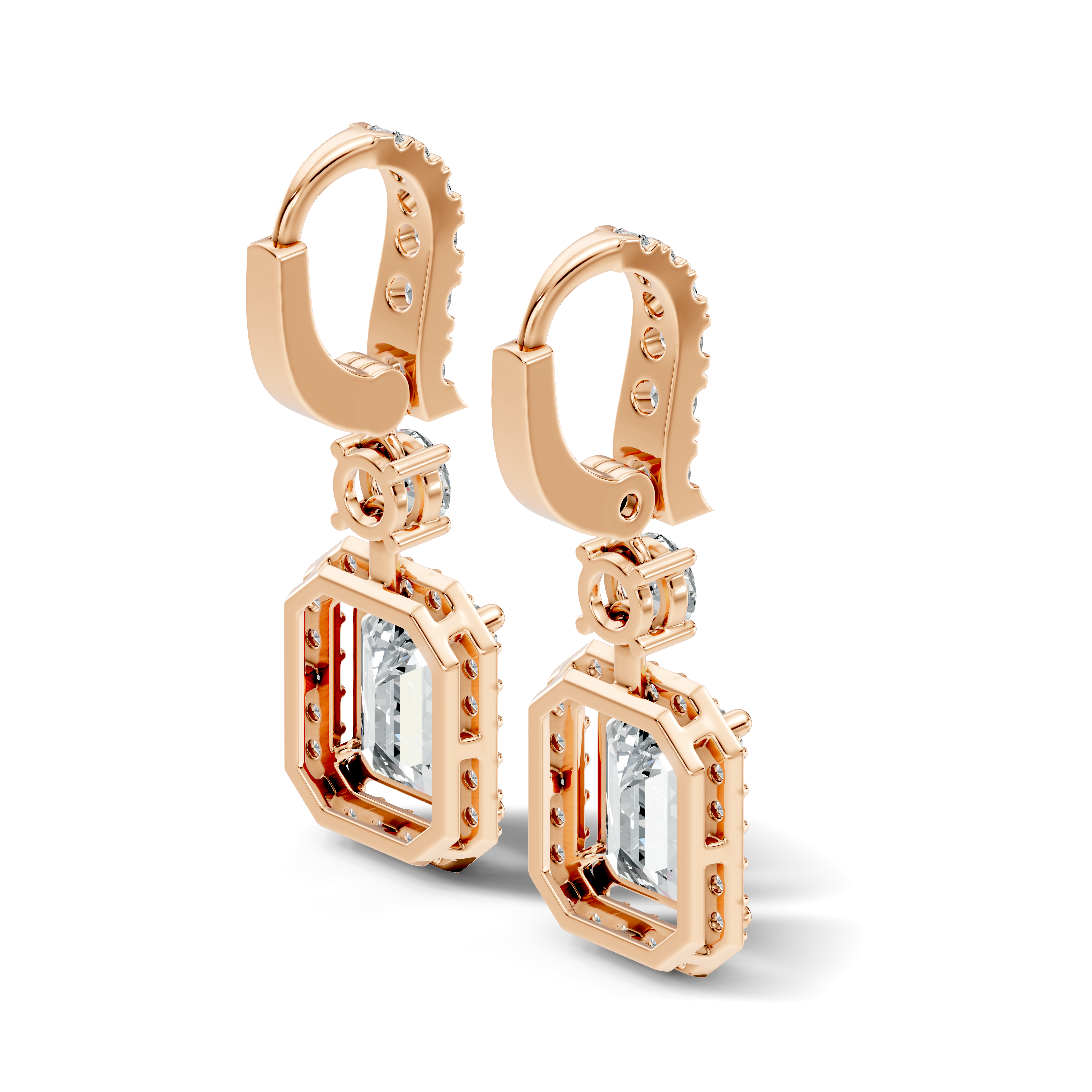Emerald Cut Halo & Graduated Diamond Hoop Drop Earrings