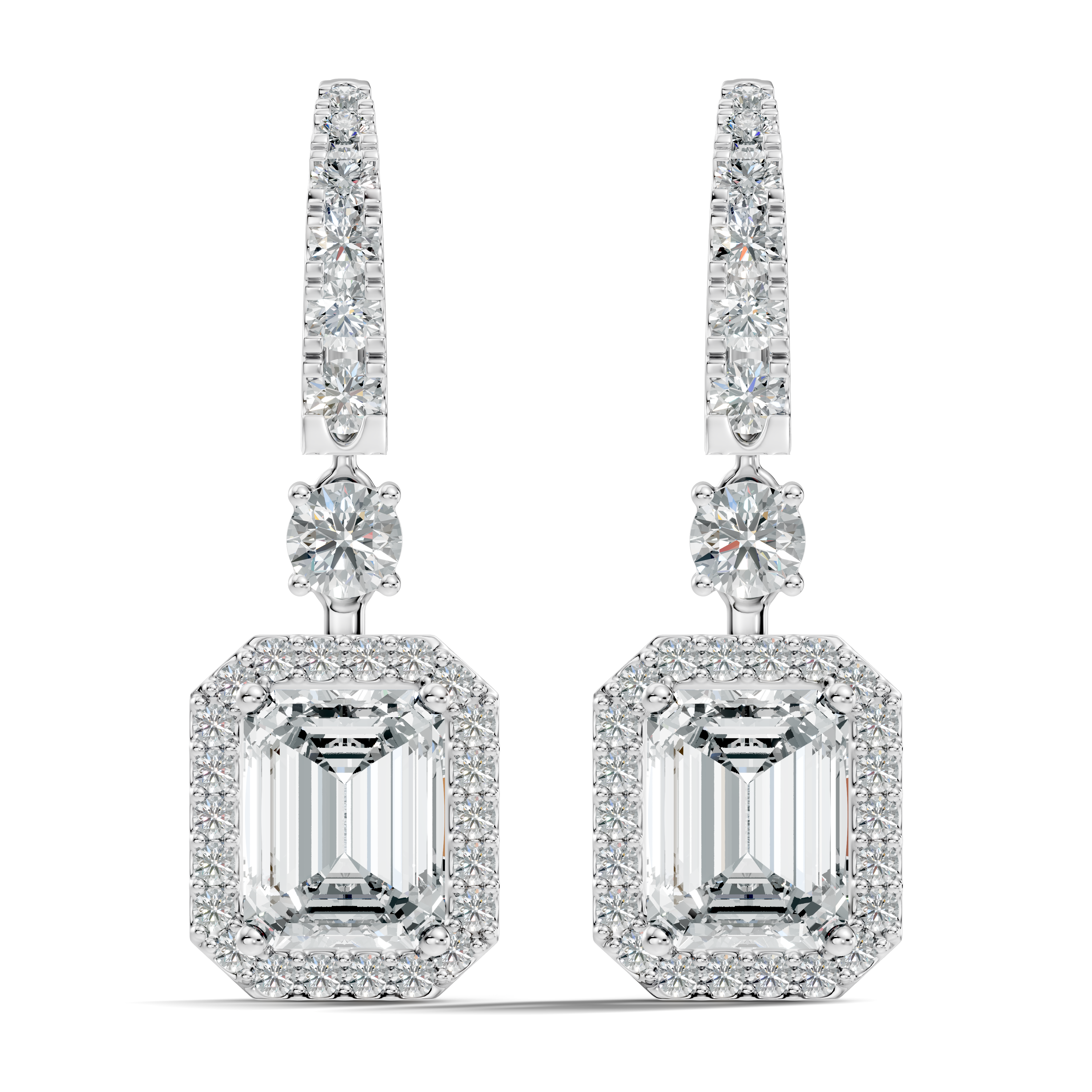 Emerald Cut Halo & Graduated Diamond Hoop Drop Earrings