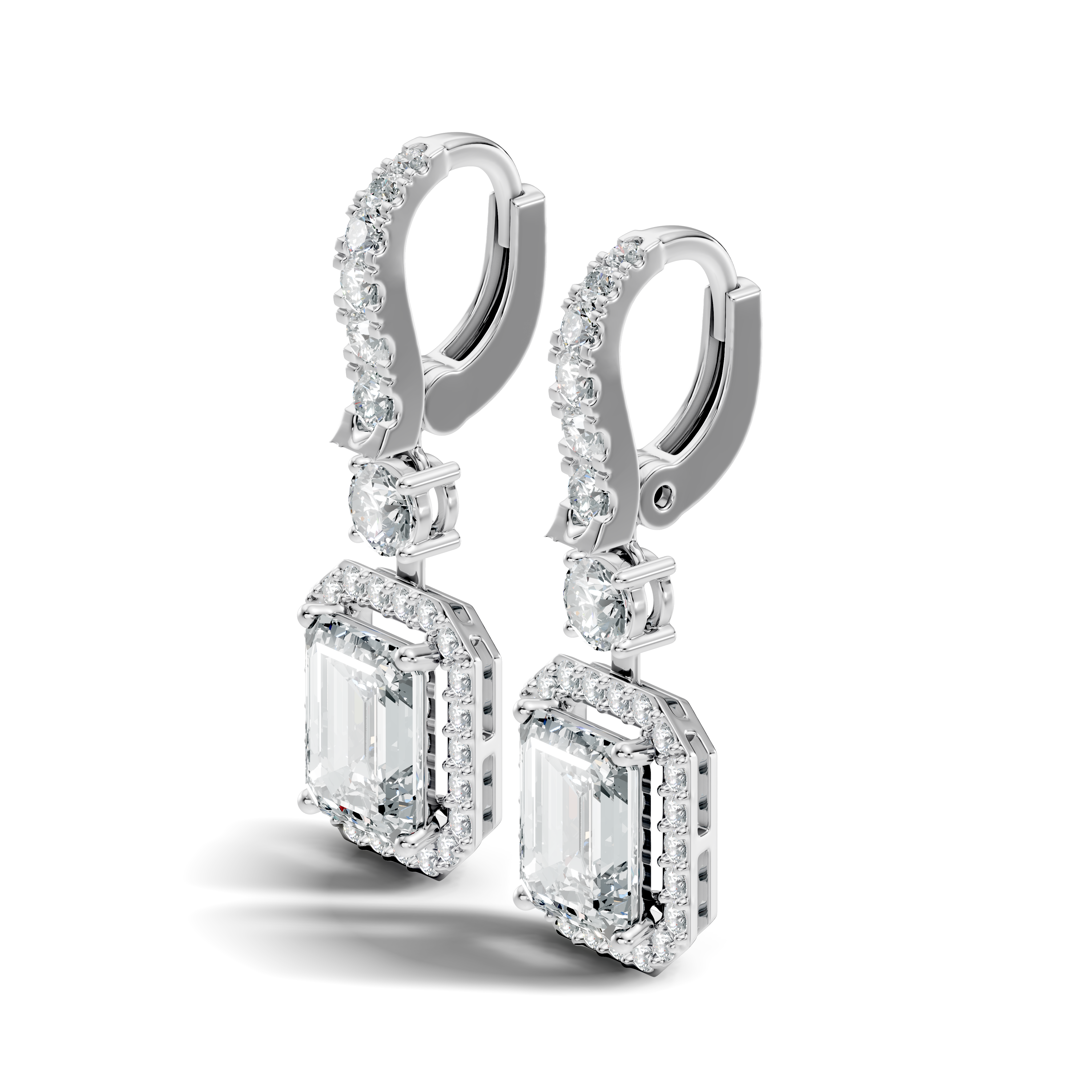 Emerald Cut Halo & Graduated Diamond Hoop Drop Earrings