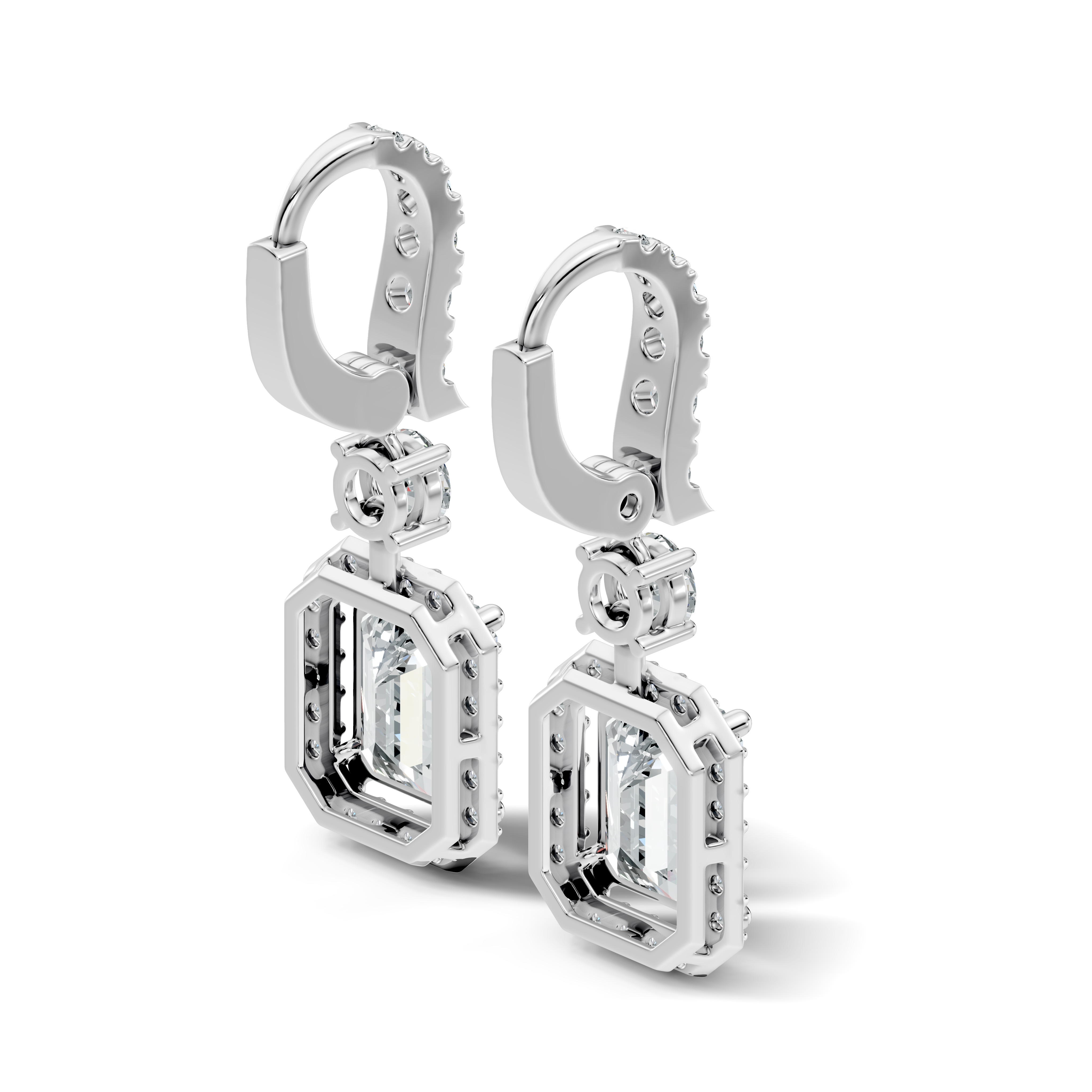 Emerald Cut Halo & Graduated Diamond Hoop Drop Earrings
