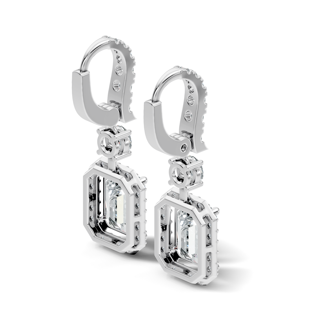 Emerald Cut Halo & Graduated Diamond Hoop Drop Earrings