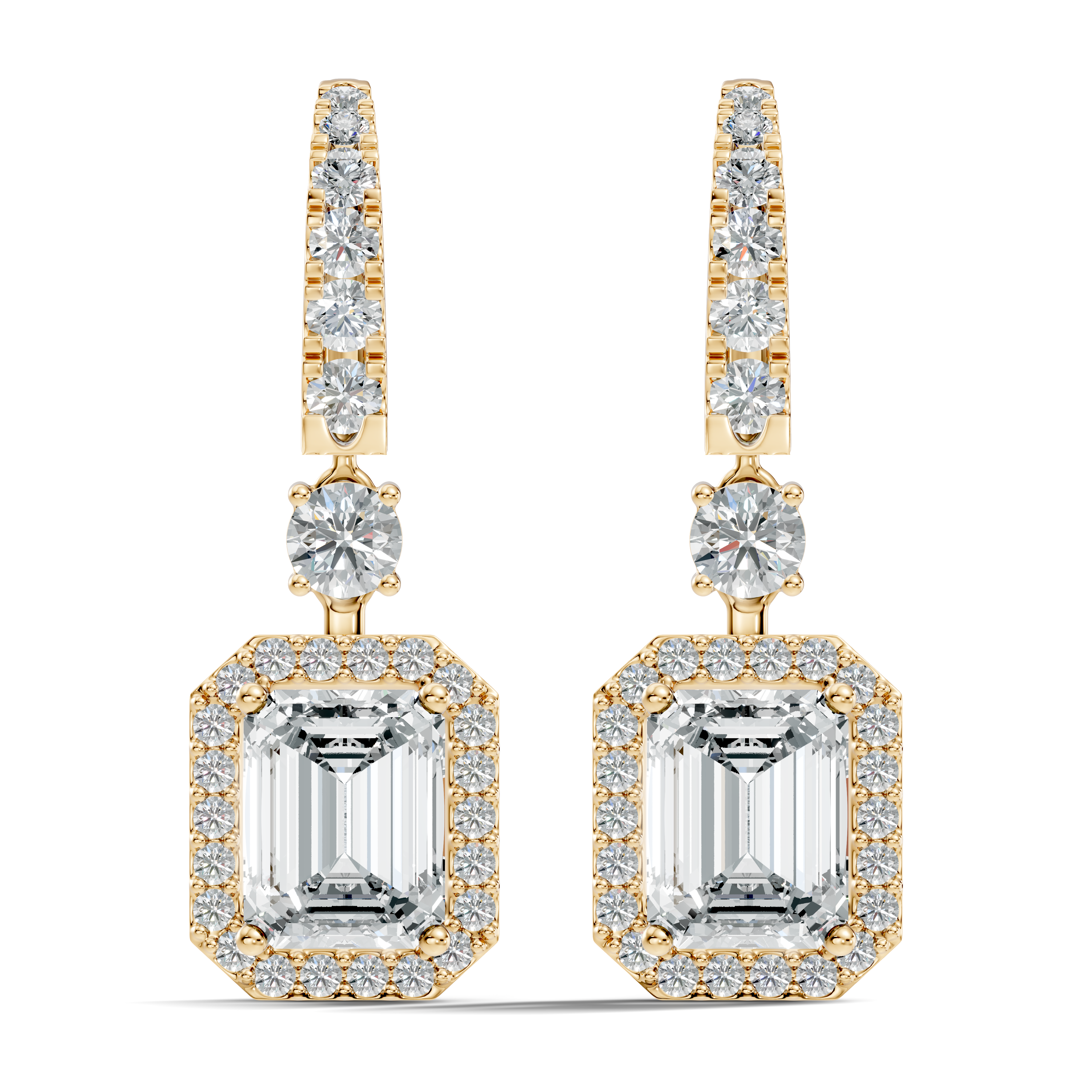 Emerald Cut Halo & Graduated Diamond Hoop Drop Earrings