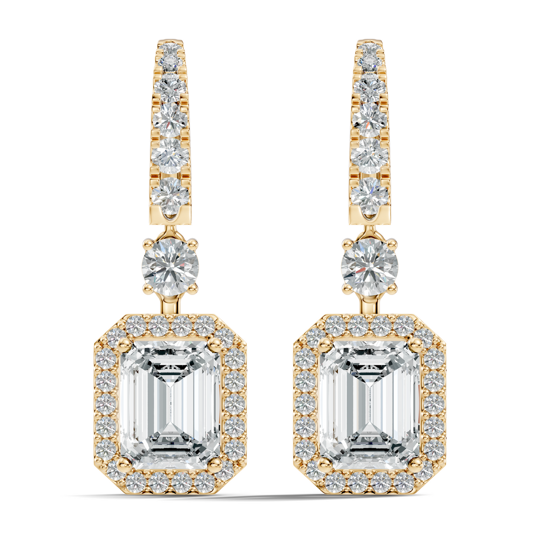 Emerald Cut Halo & Graduated Diamond Hoop Drop Earrings
