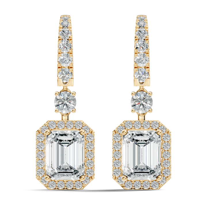 Emerald Cut Halo & Graduated Diamond Hoop Drop Earrings