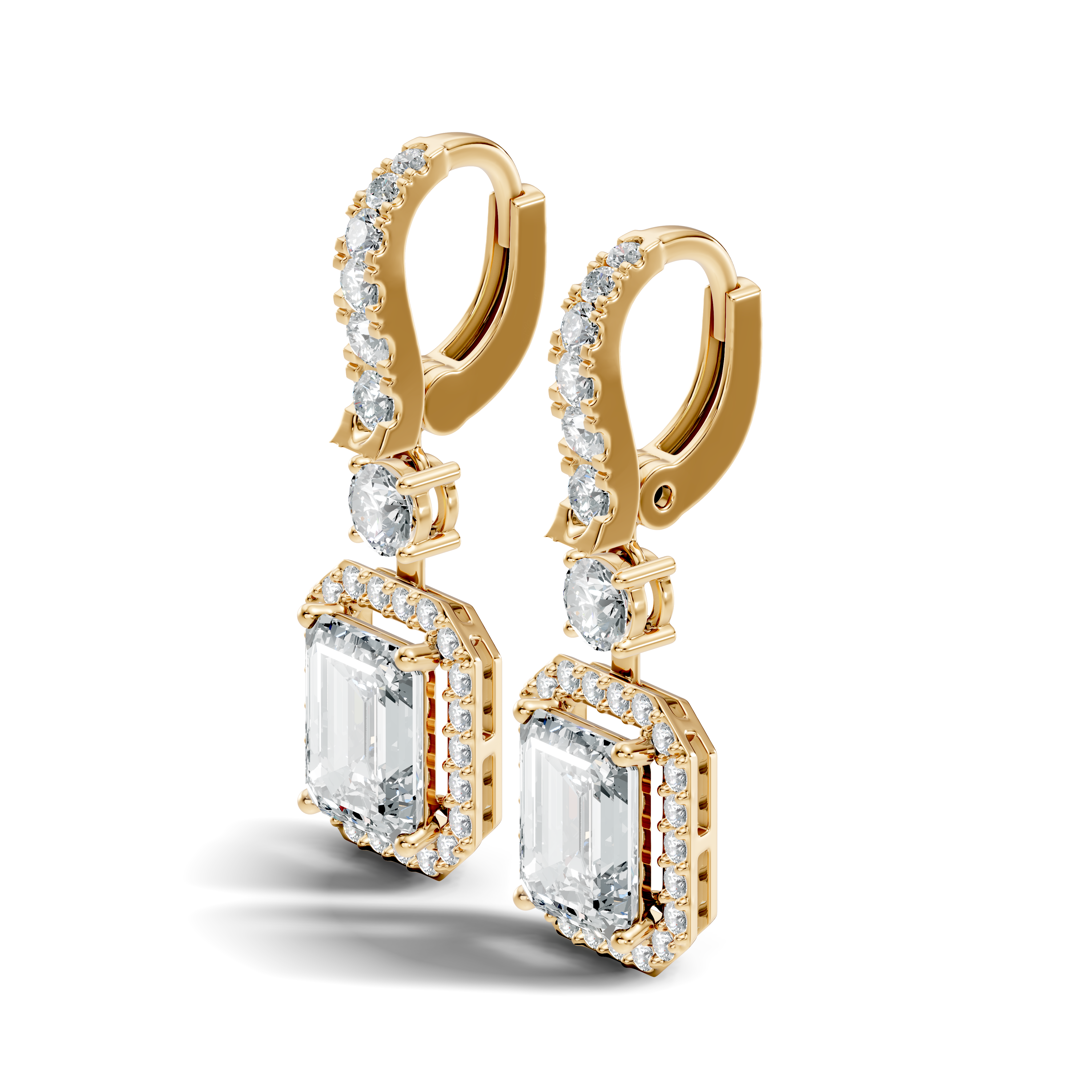 Emerald Cut Halo & Graduated Diamond Hoop Drop Earrings