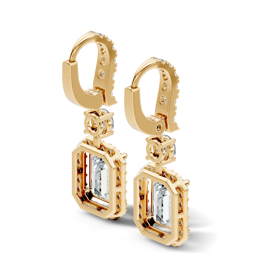 Emerald Cut Halo & Graduated Diamond Hoop Drop Earrings