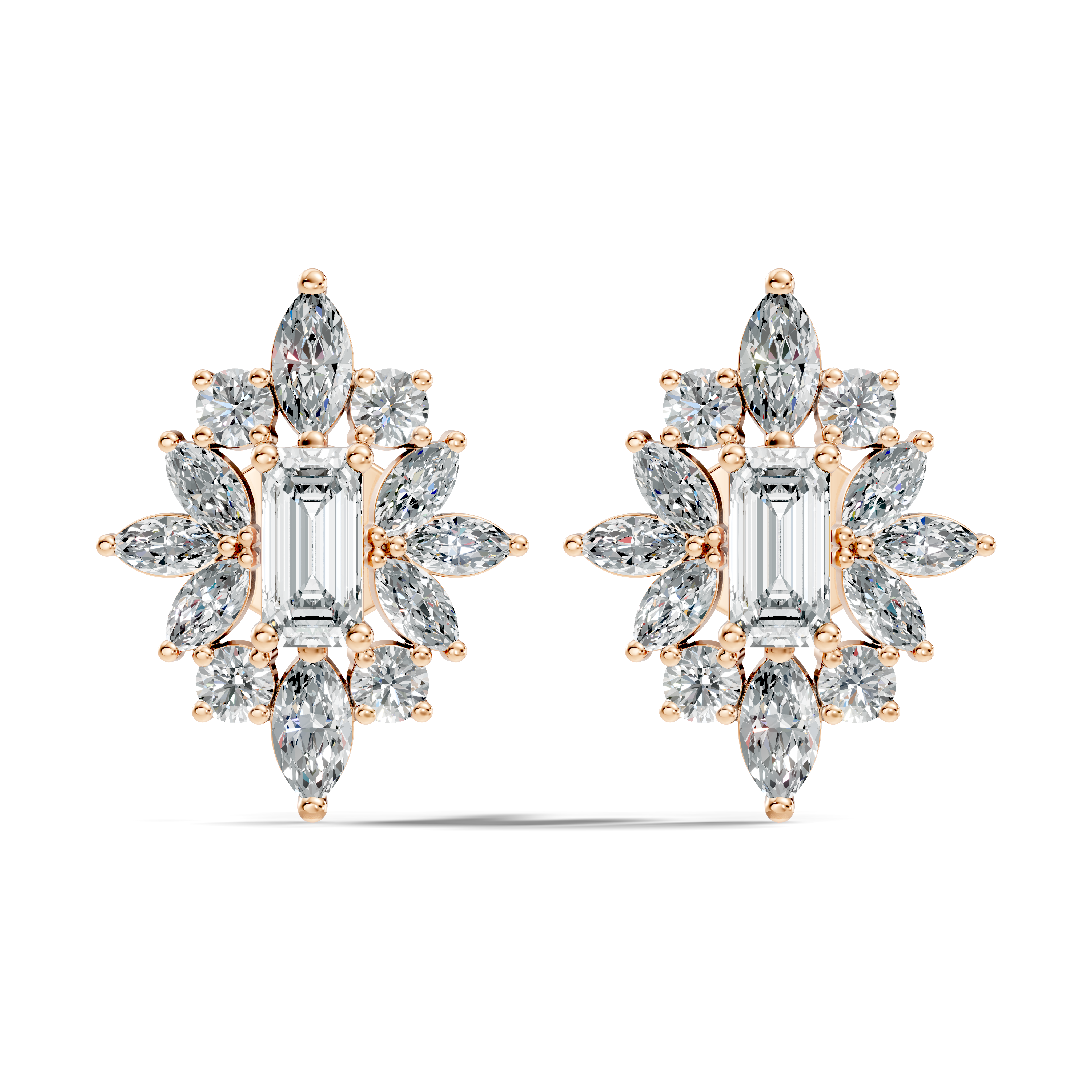 Emerald Cut Solitaire & Marquise Sunburst Cluster Stud