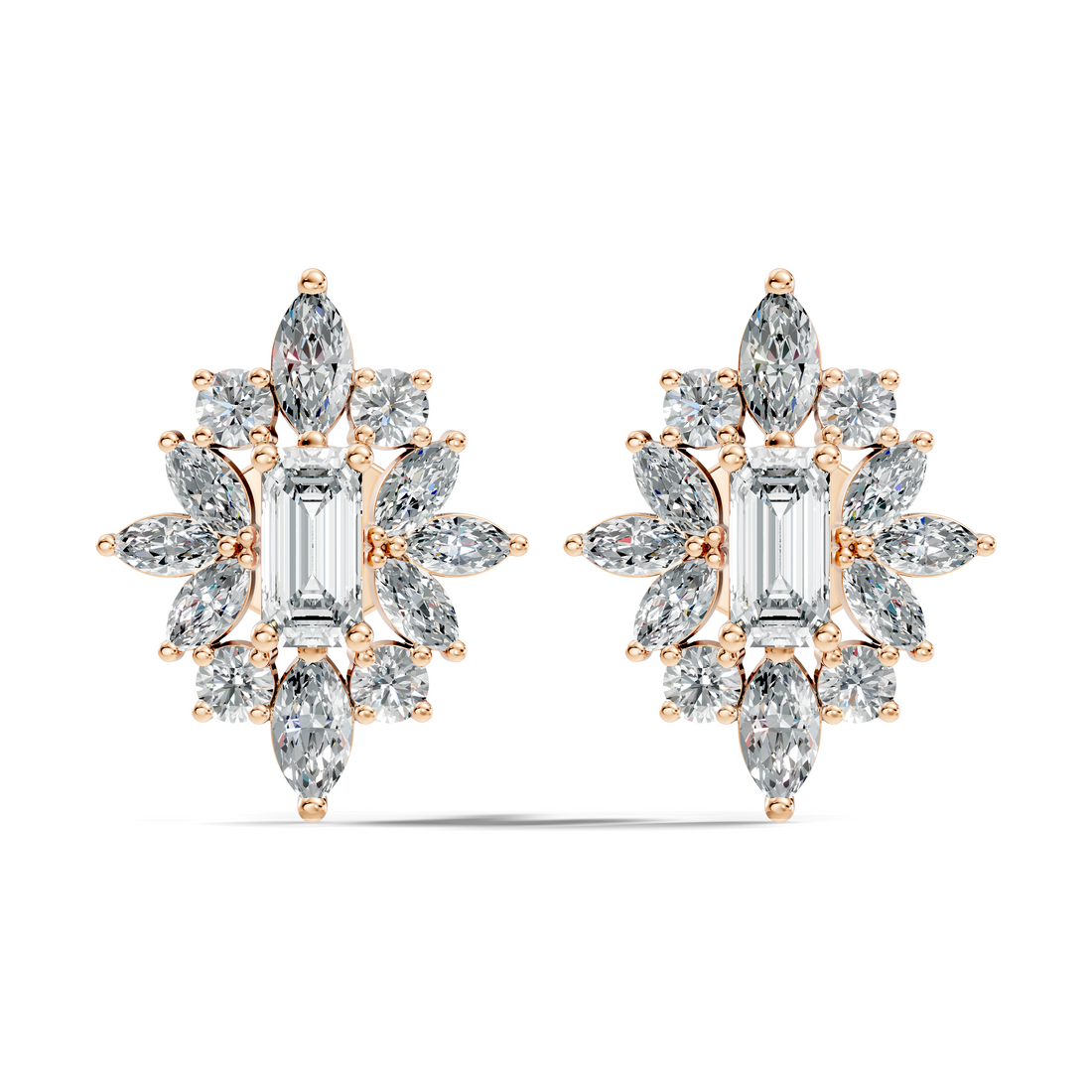 Emerald Cut Solitaire & Marquise Sunburst Cluster Stud