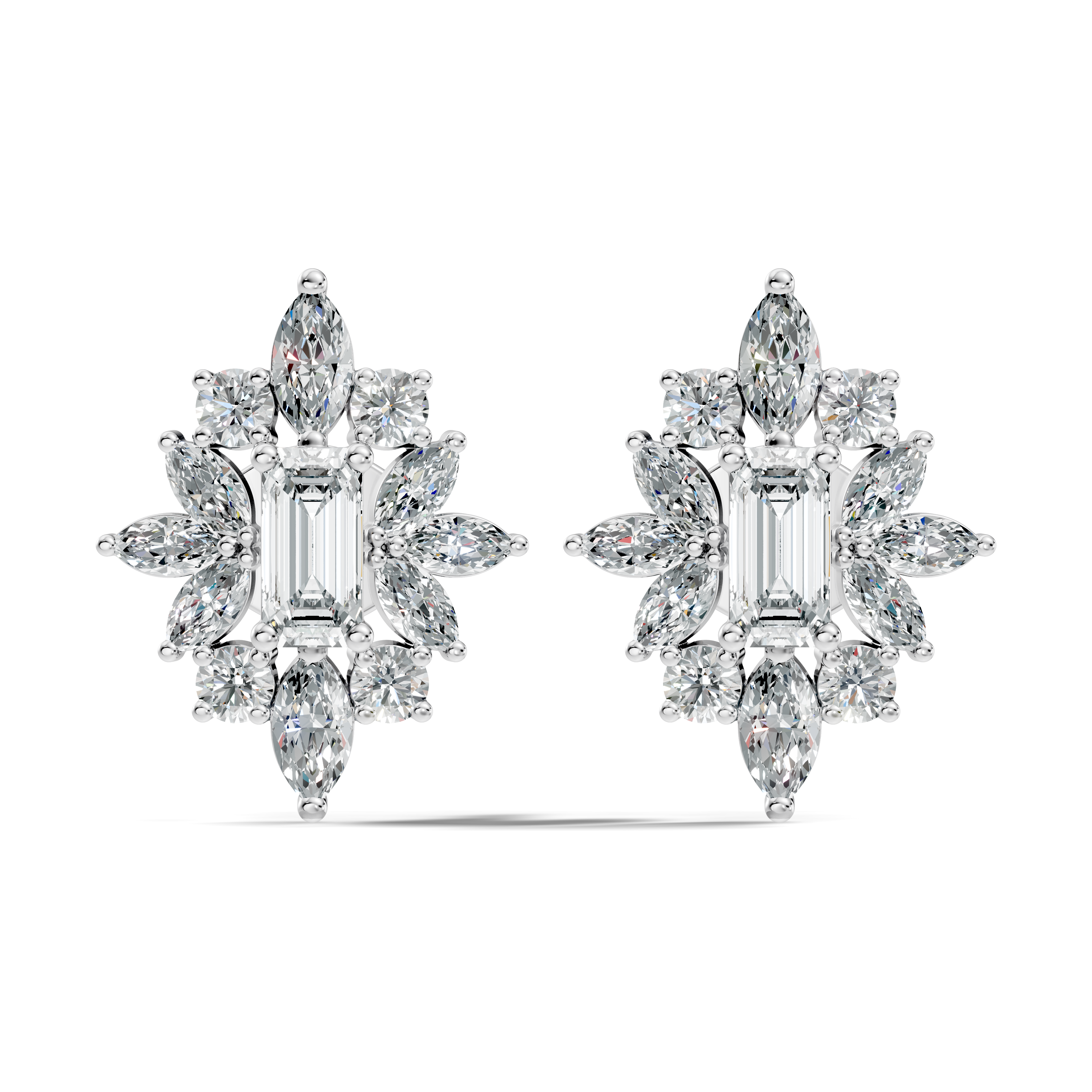 Emerald Cut Solitaire & Marquise Sunburst Cluster Stud