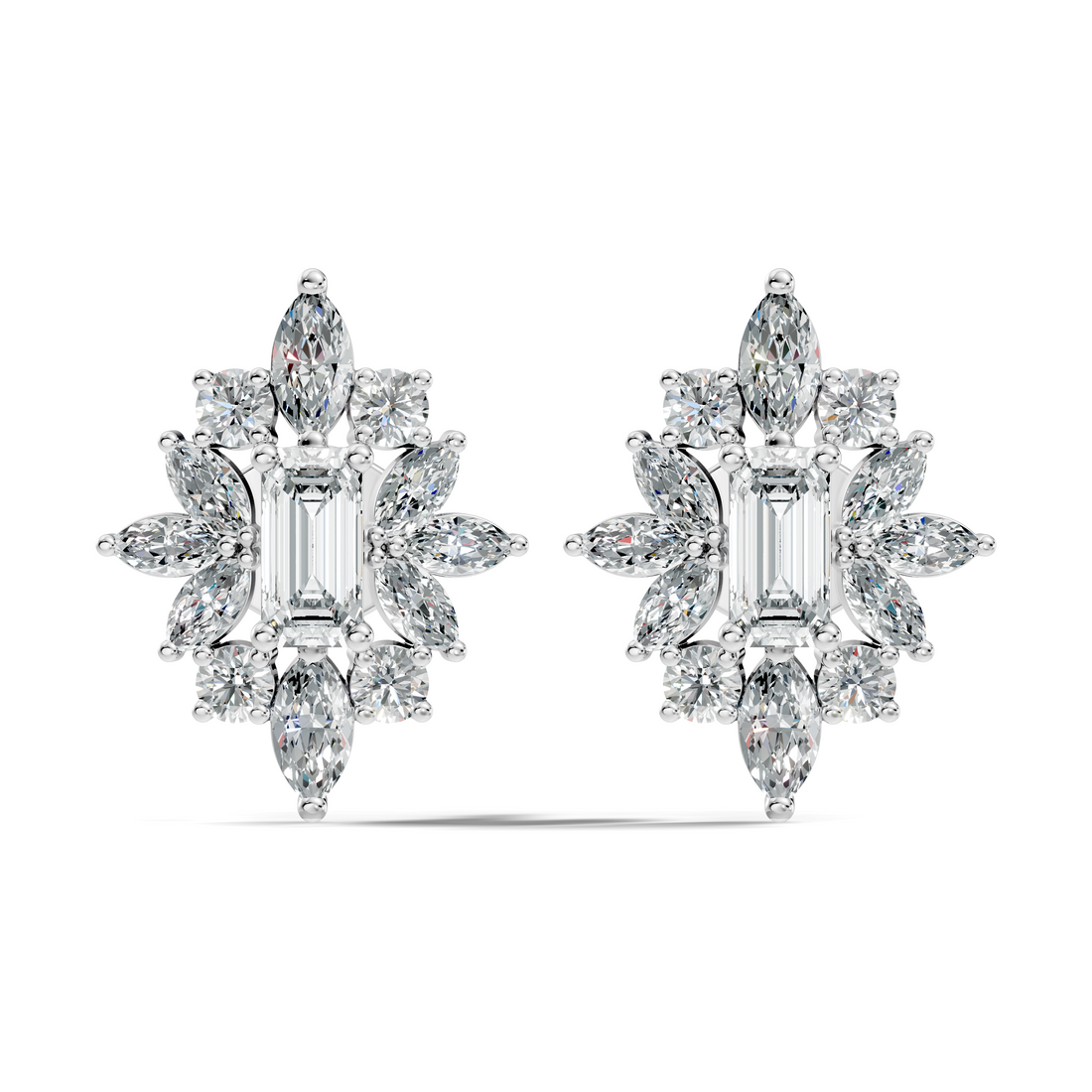 Emerald Cut Solitaire & Marquise Sunburst Cluster Stud