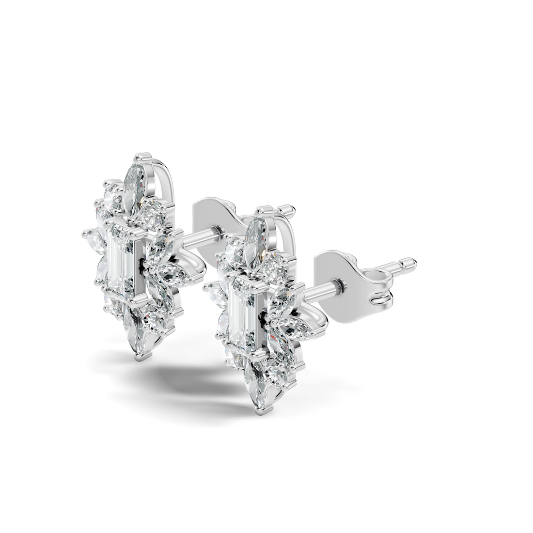 Emerald Cut Solitaire & Marquise Sunburst Cluster Stud