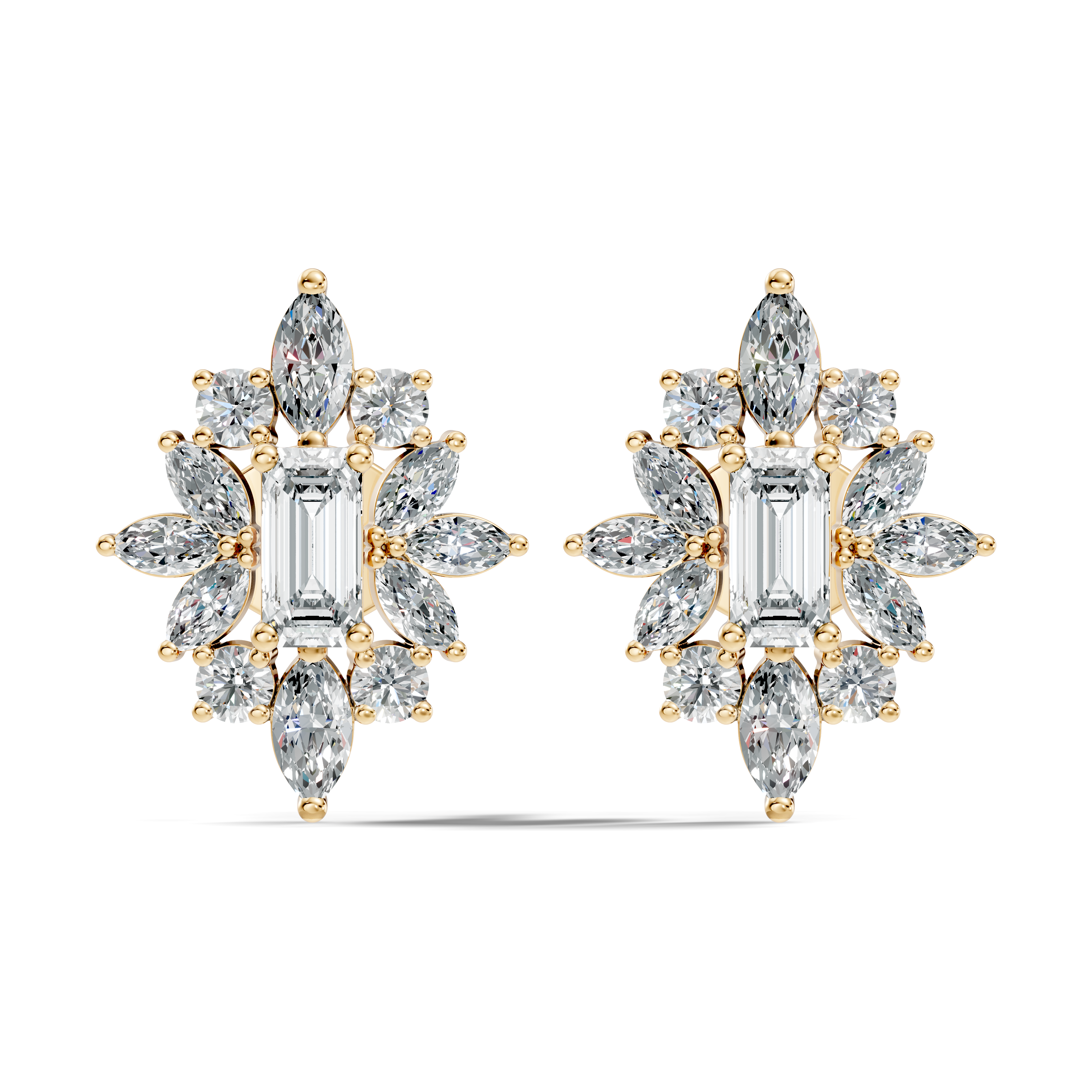 Emerald Cut Solitaire & Marquise Sunburst Cluster Stud