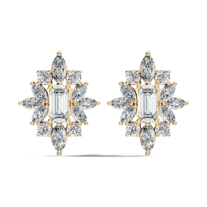 Emerald Cut Solitaire & Marquise Sunburst Cluster Stud