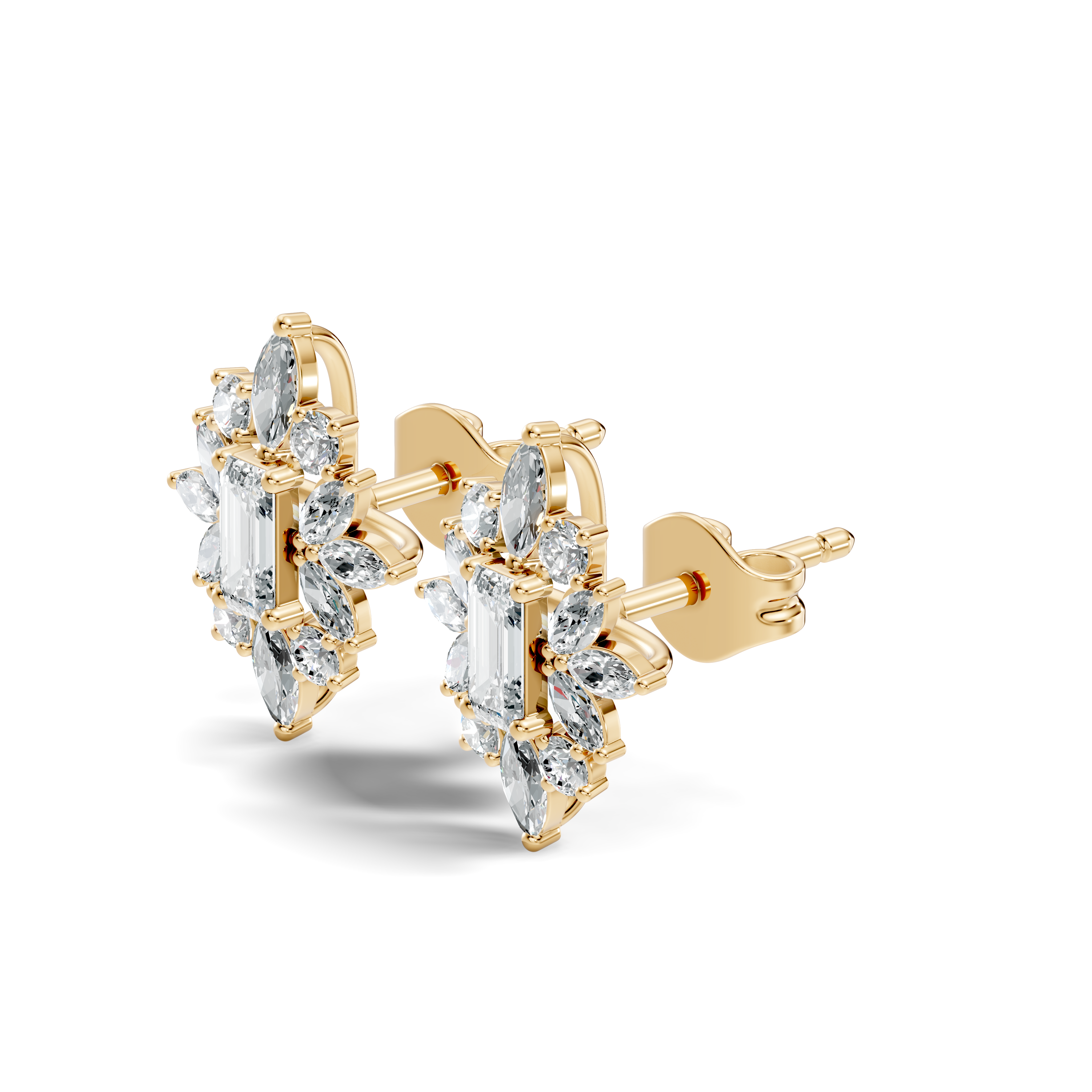 Emerald Cut Solitaire & Marquise Sunburst Cluster Stud