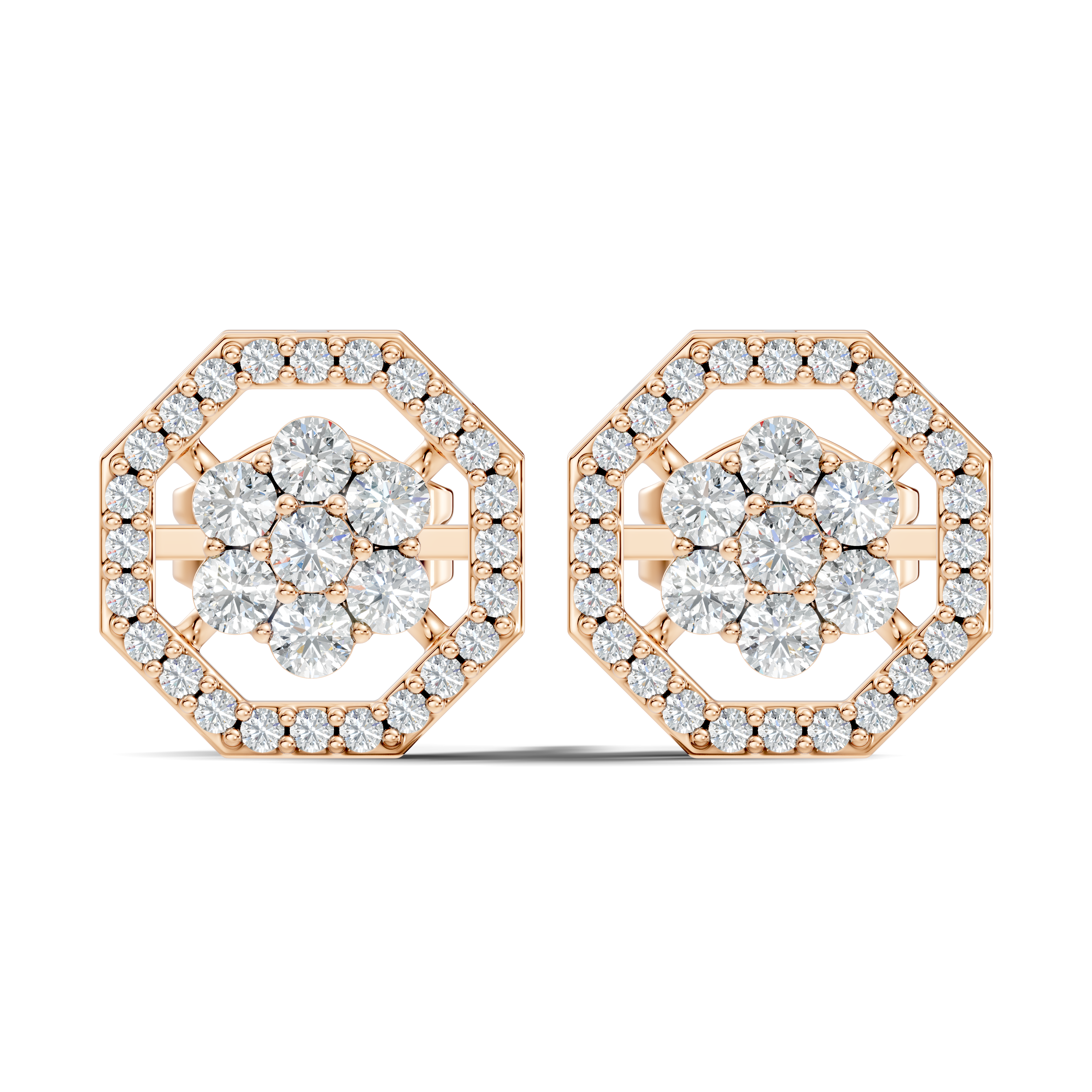 Round Diamond Flower Cluster & Octagon Geometric Halo Stud