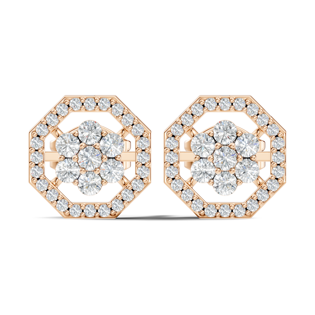 Round Diamond Flower Cluster & Octagon Geometric Halo Stud