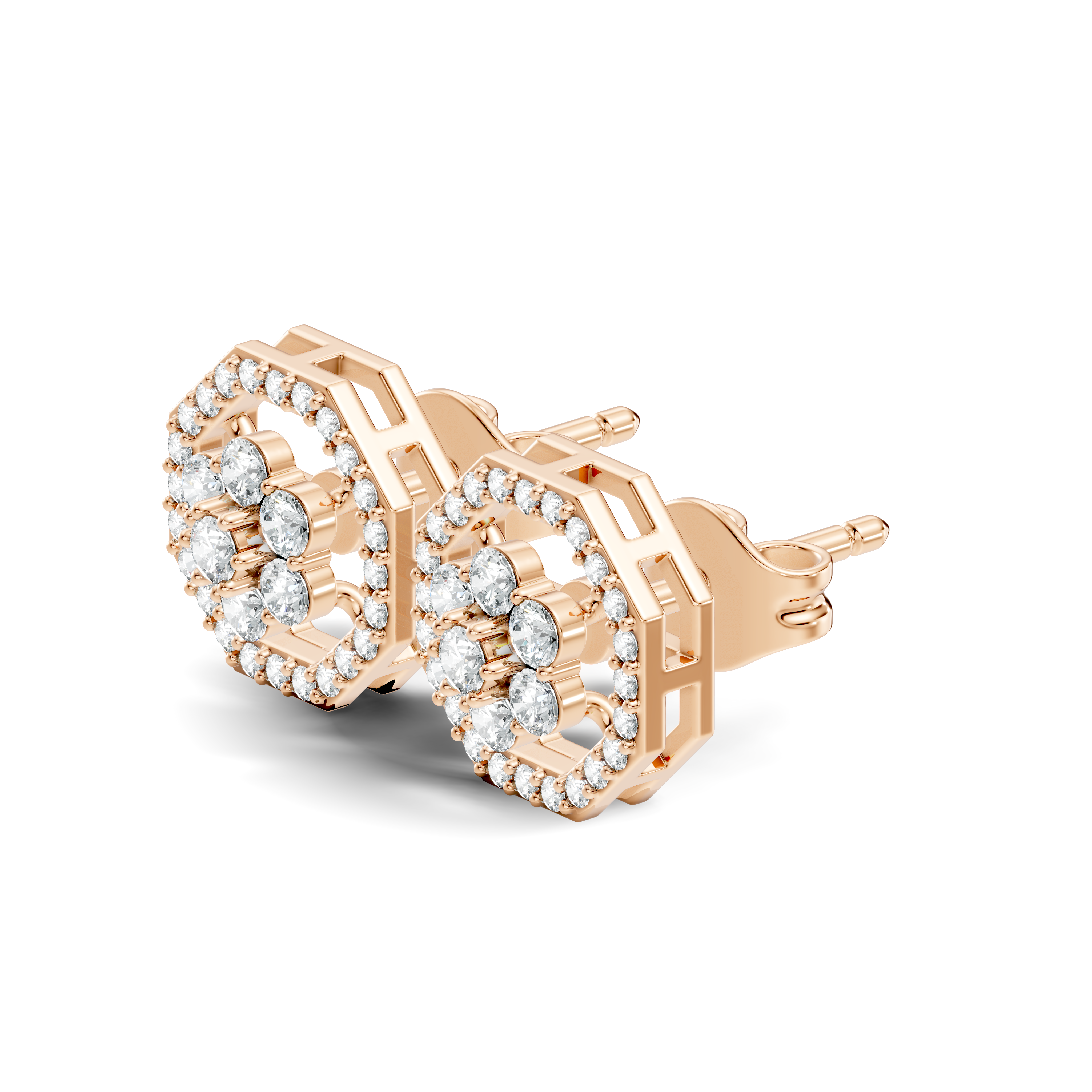 Round Diamond Flower Cluster & Octagon Geometric Halo Stud