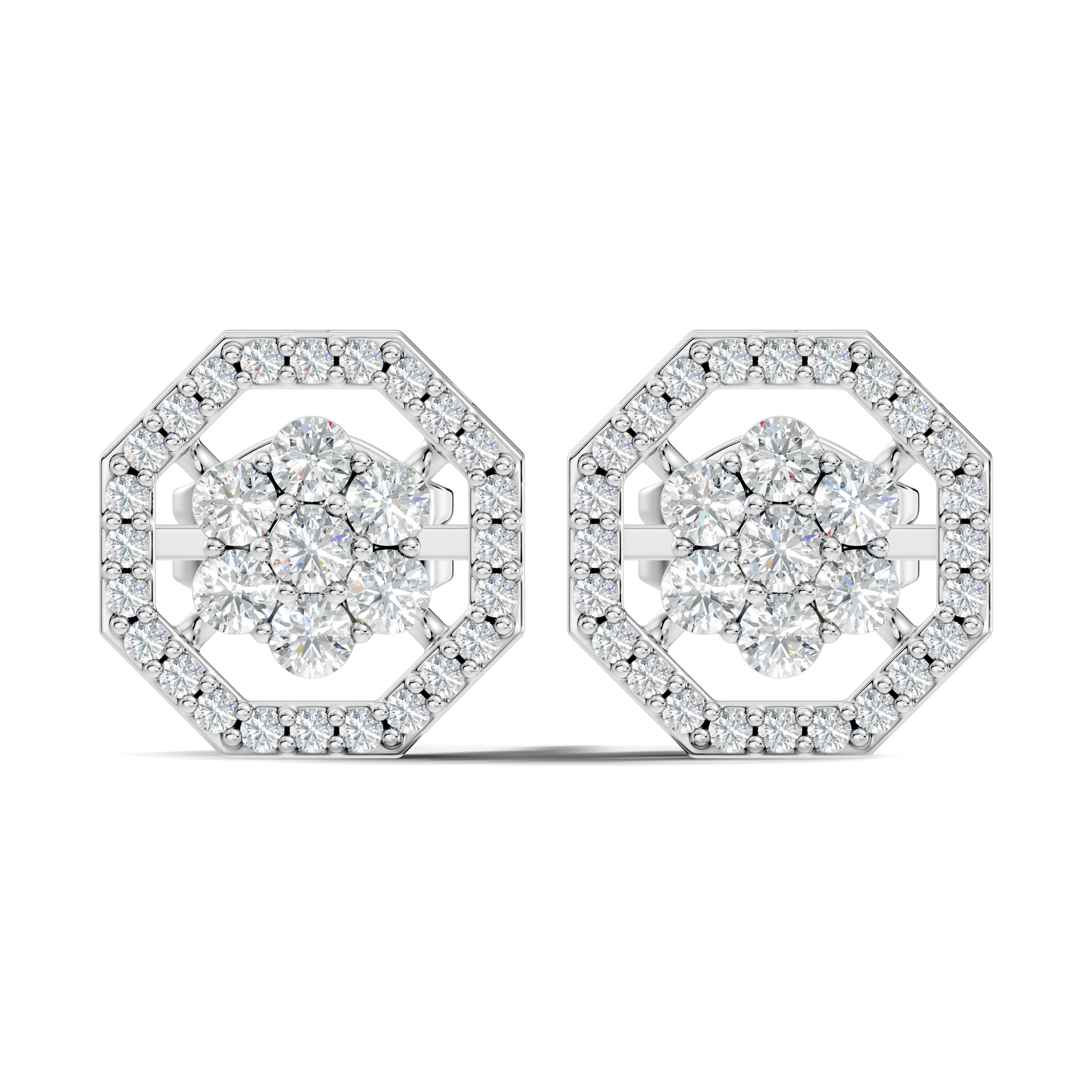 Round Diamond Flower Cluster & Octagon Geometric Halo Stud