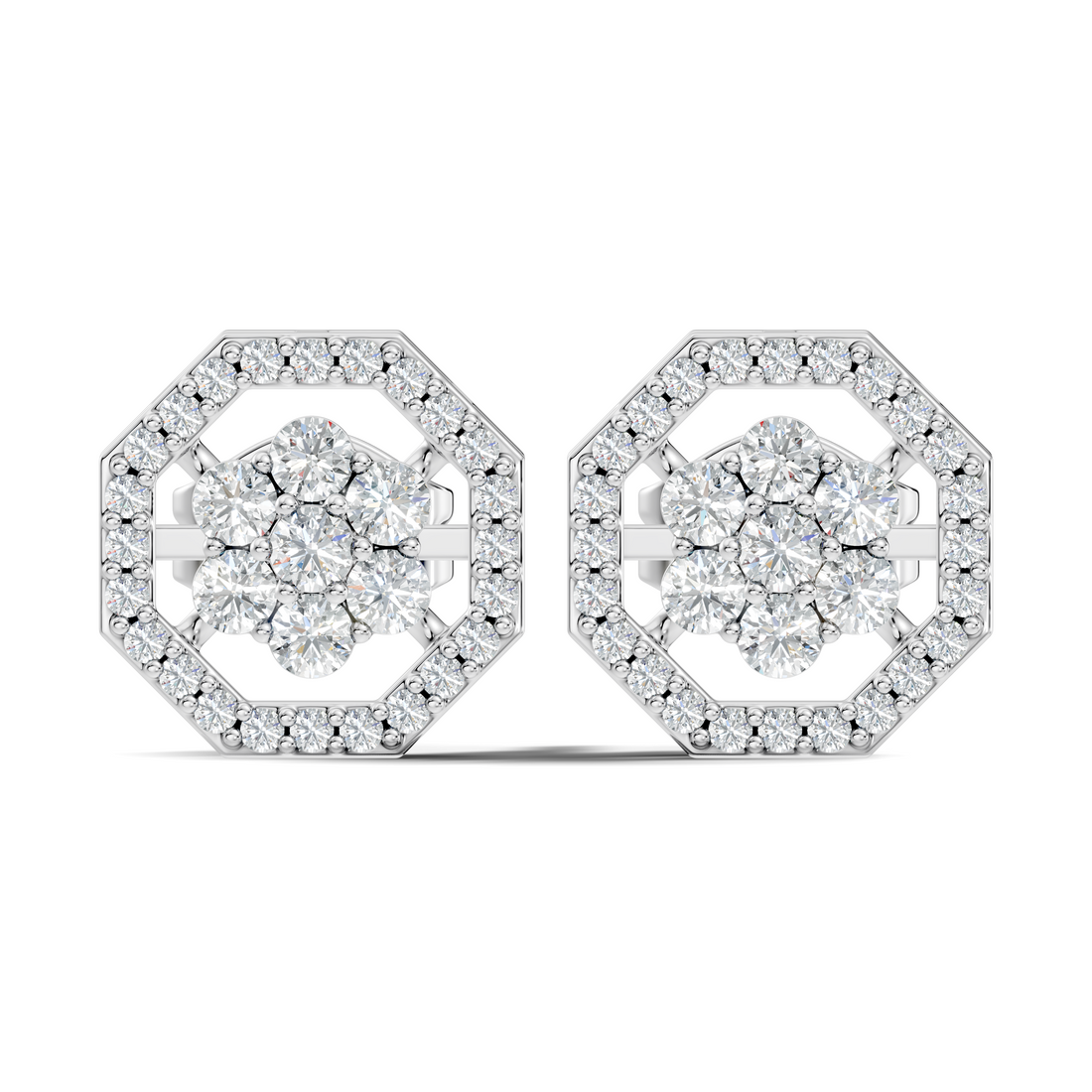 Round Diamond Flower Cluster & Octagon Geometric Halo Stud
