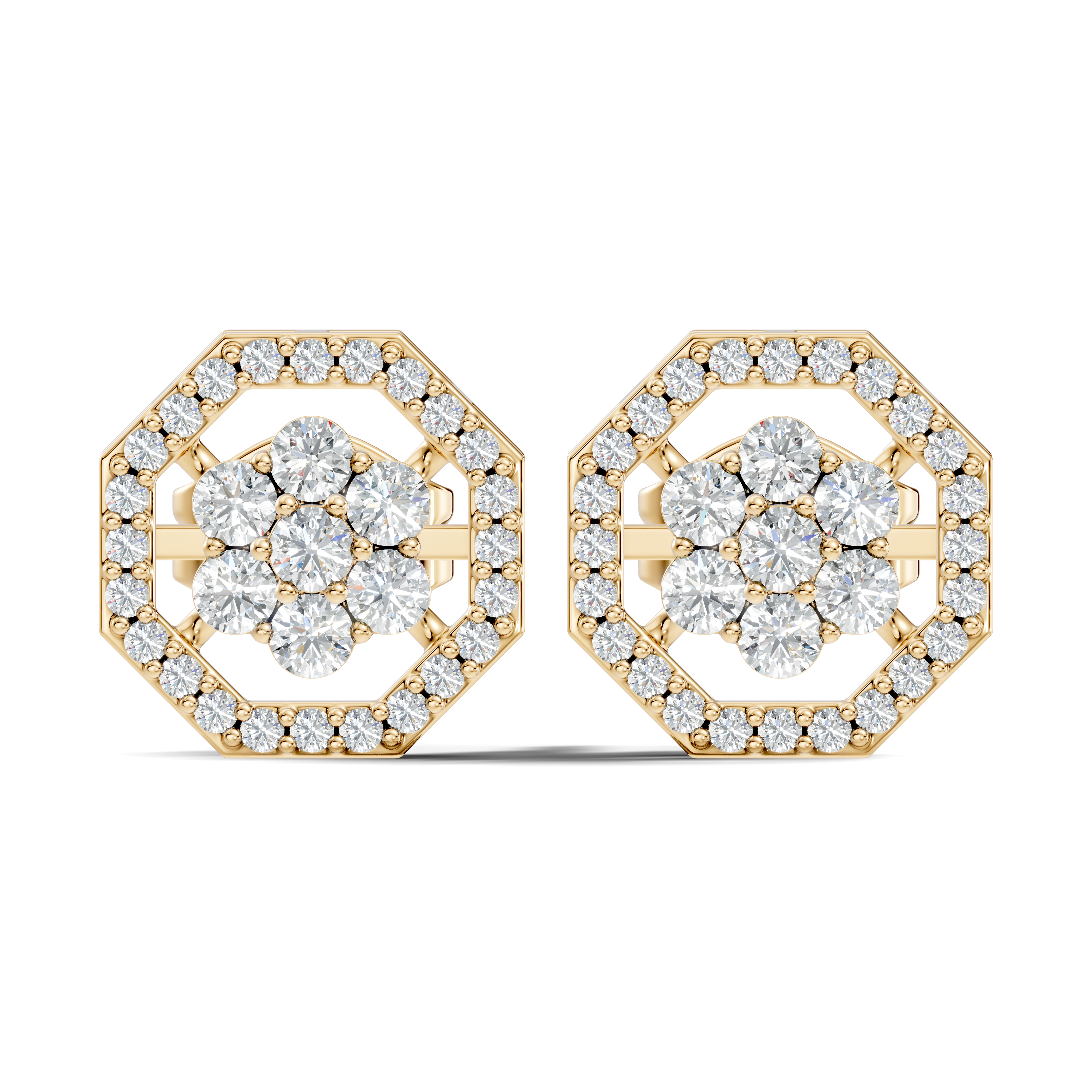 Round Diamond Flower Cluster & Octagon Geometric Halo Stud