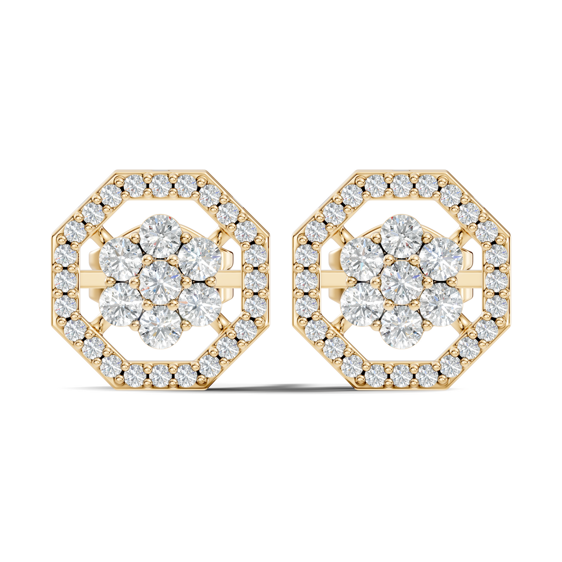 Round Diamond Flower Cluster & Octagon Geometric Halo Stud