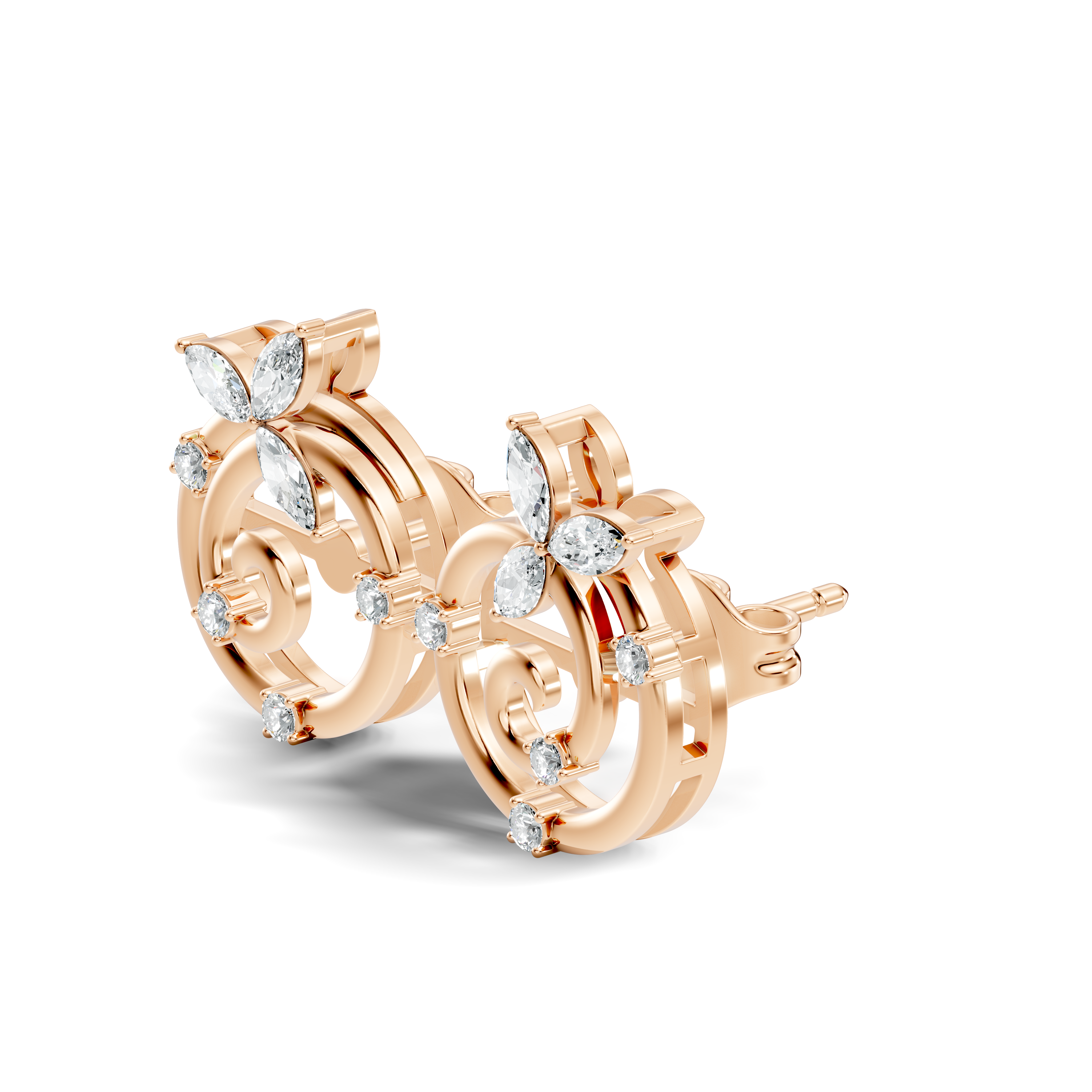 Marquise Floral Crown & Spiral Swirl Diamond Stud