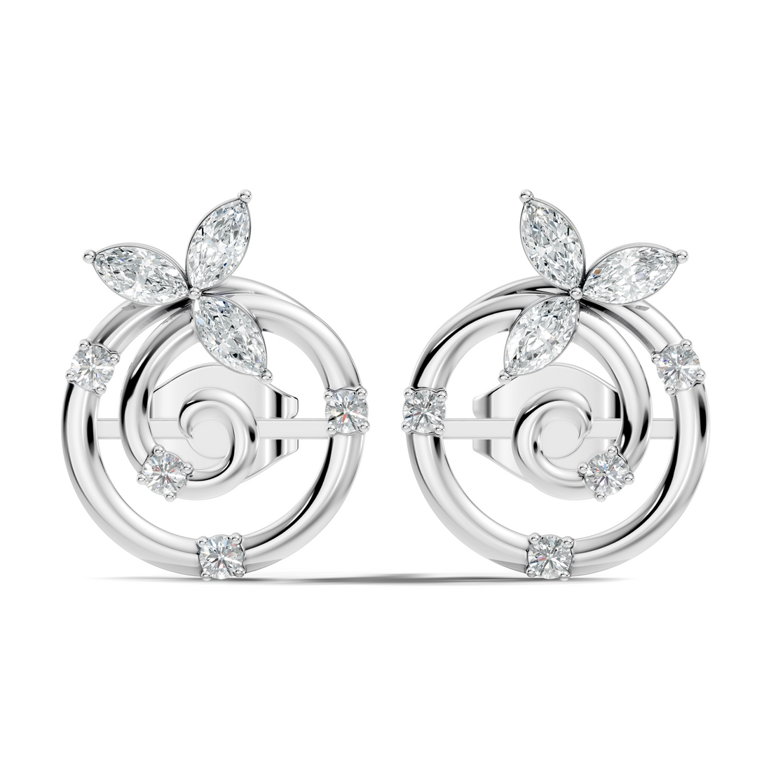 Marquise Floral Crown & Spiral Swirl Diamond Stud