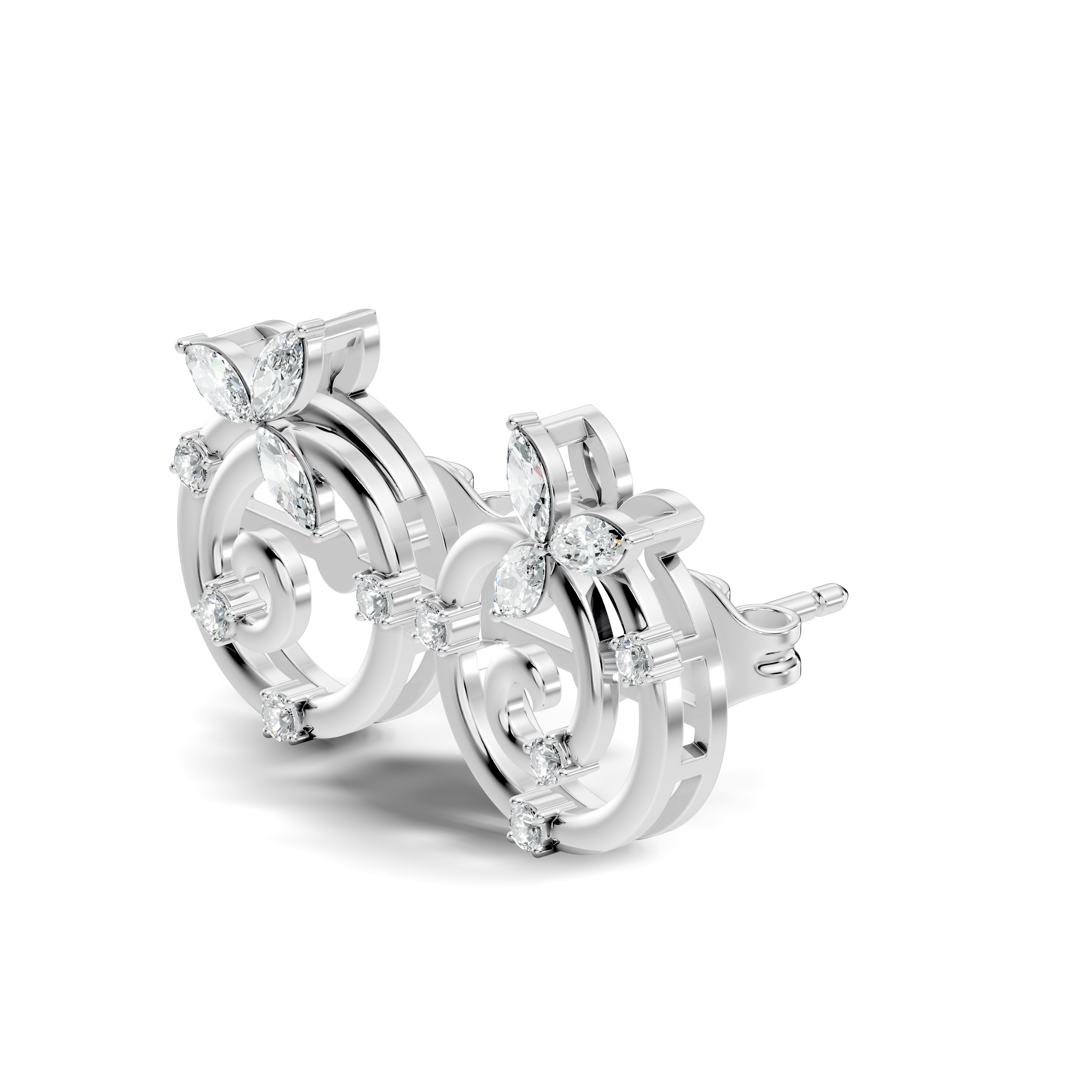 Marquise Floral Crown & Spiral Swirl Diamond Stud