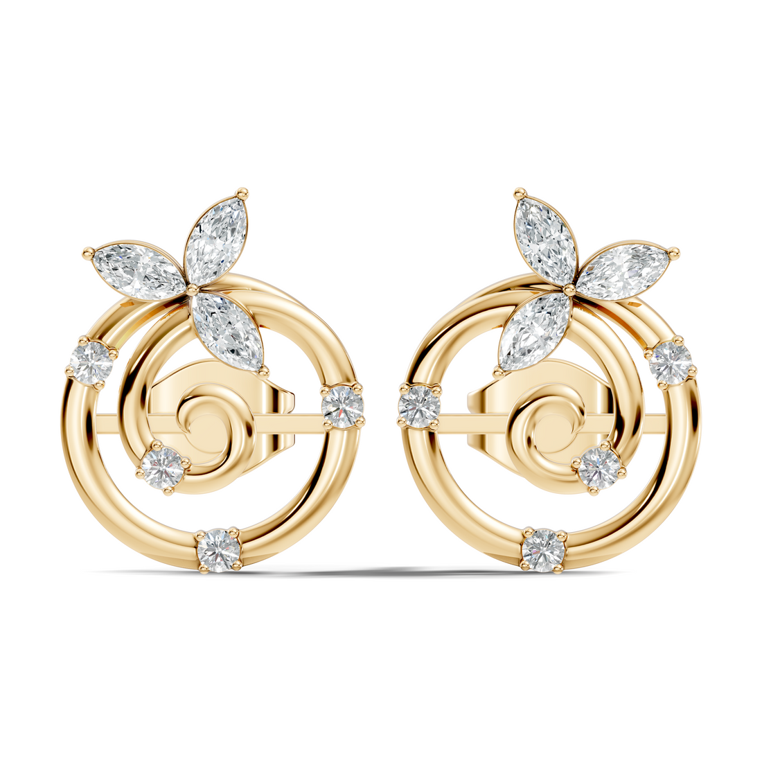 Marquise Floral Crown & Spiral Swirl Diamond Stud