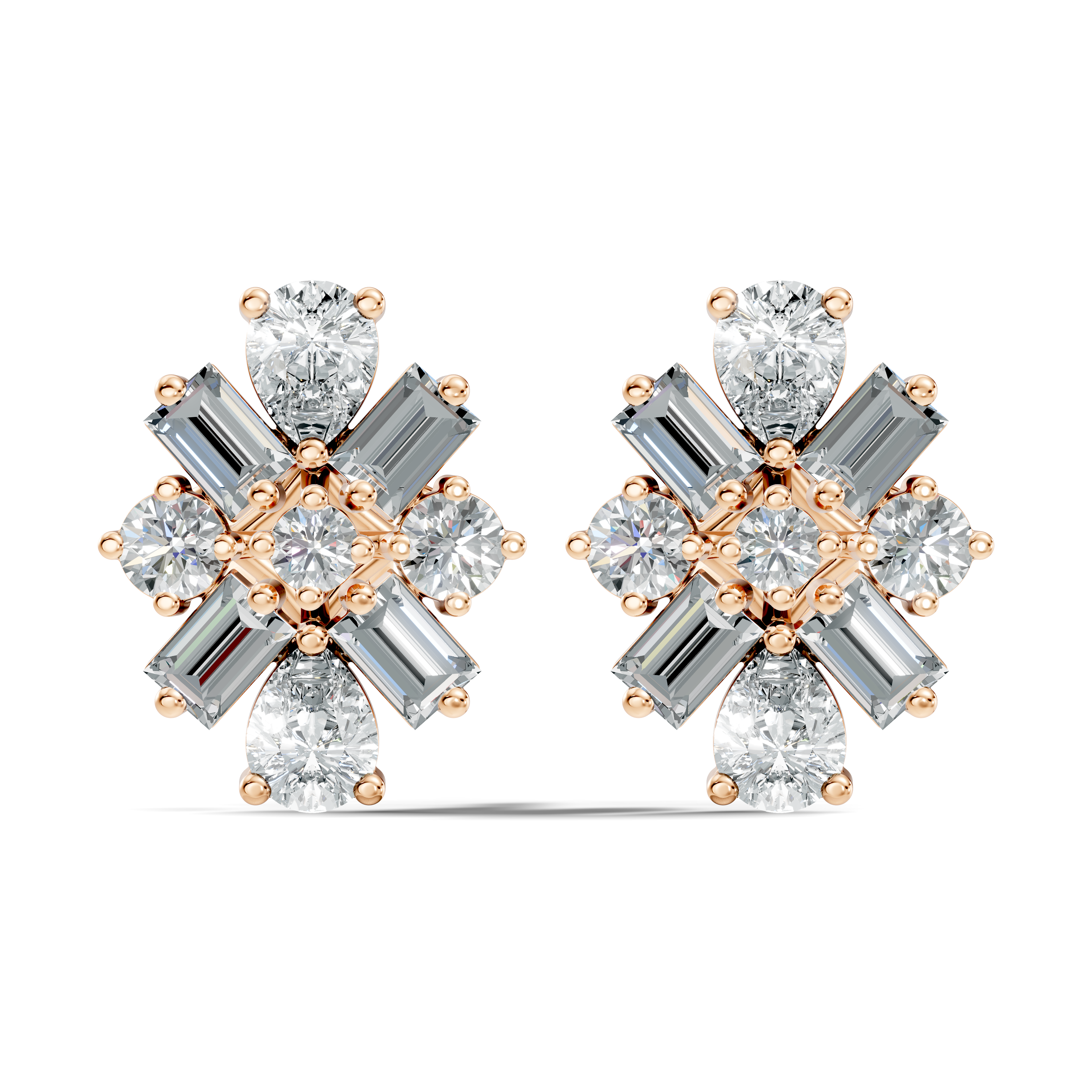 Multi-Shape Pear, Baguette & Round Diamond Cluster Stud