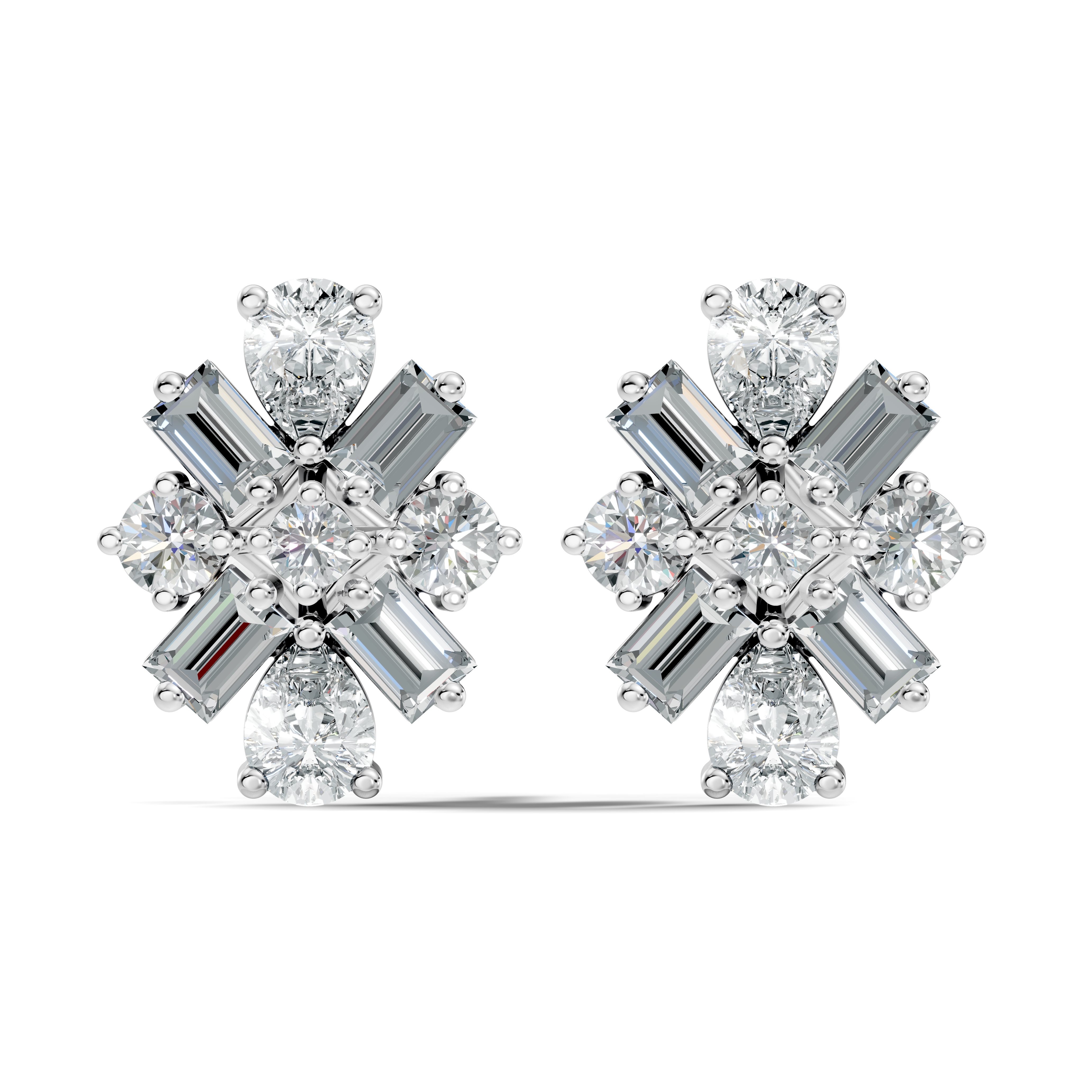 Multi-Shape Pear, Baguette & Round Diamond Cluster Stud