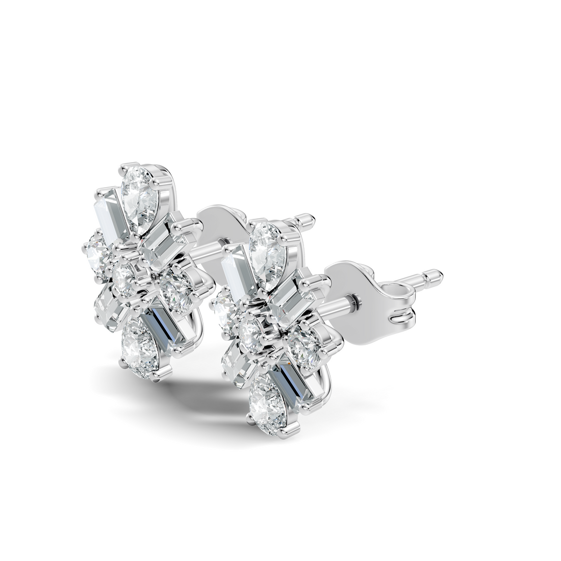 Multi-Shape Pear, Baguette & Round Diamond Cluster Stud