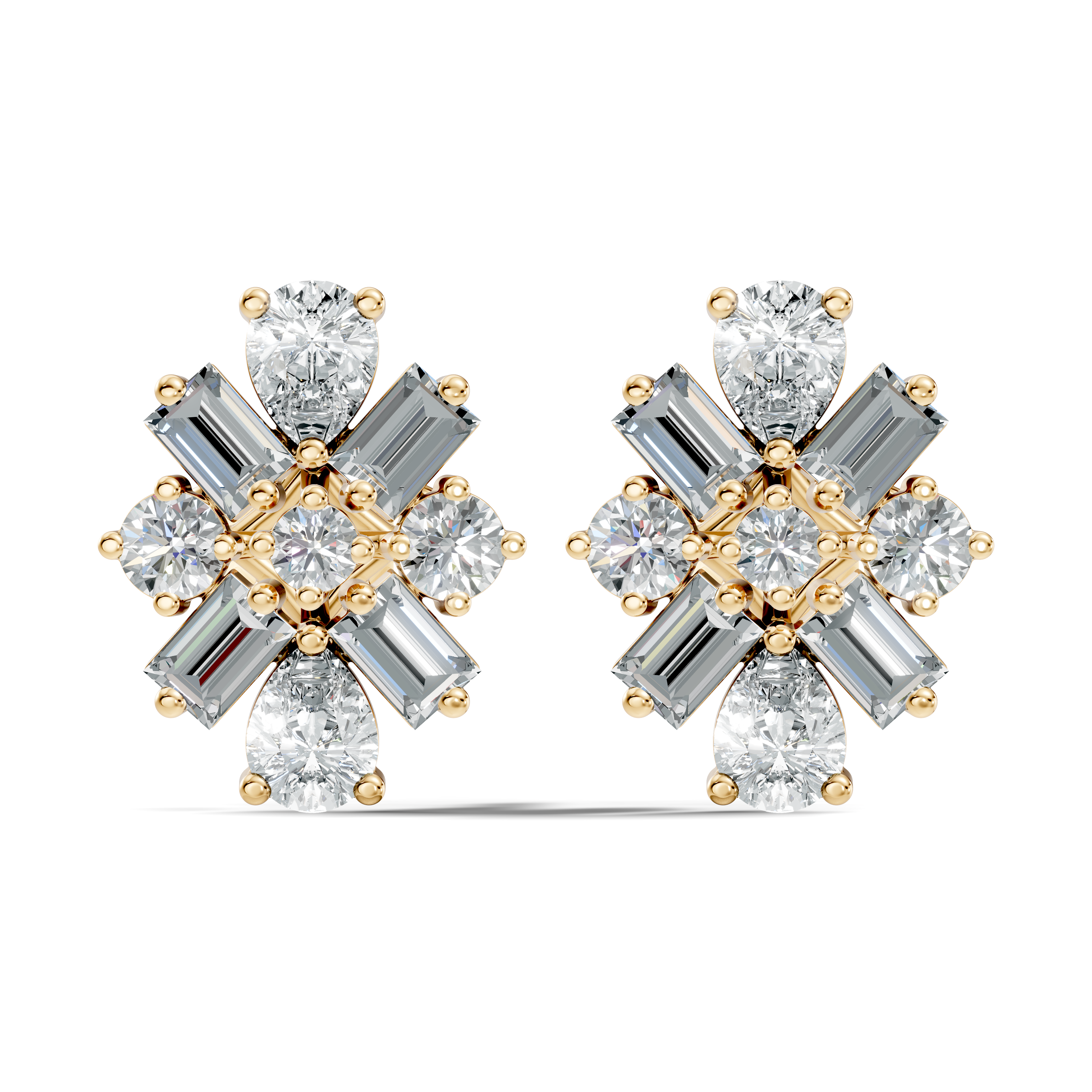 Multi-Shape Pear, Baguette & Round Diamond Cluster Stud