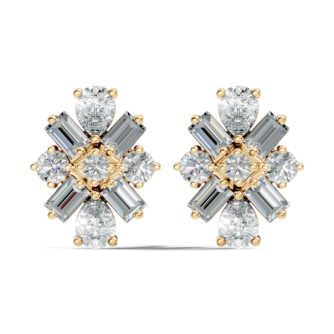 Multi-Shape Pear, Baguette & Round Diamond Cluster Stud