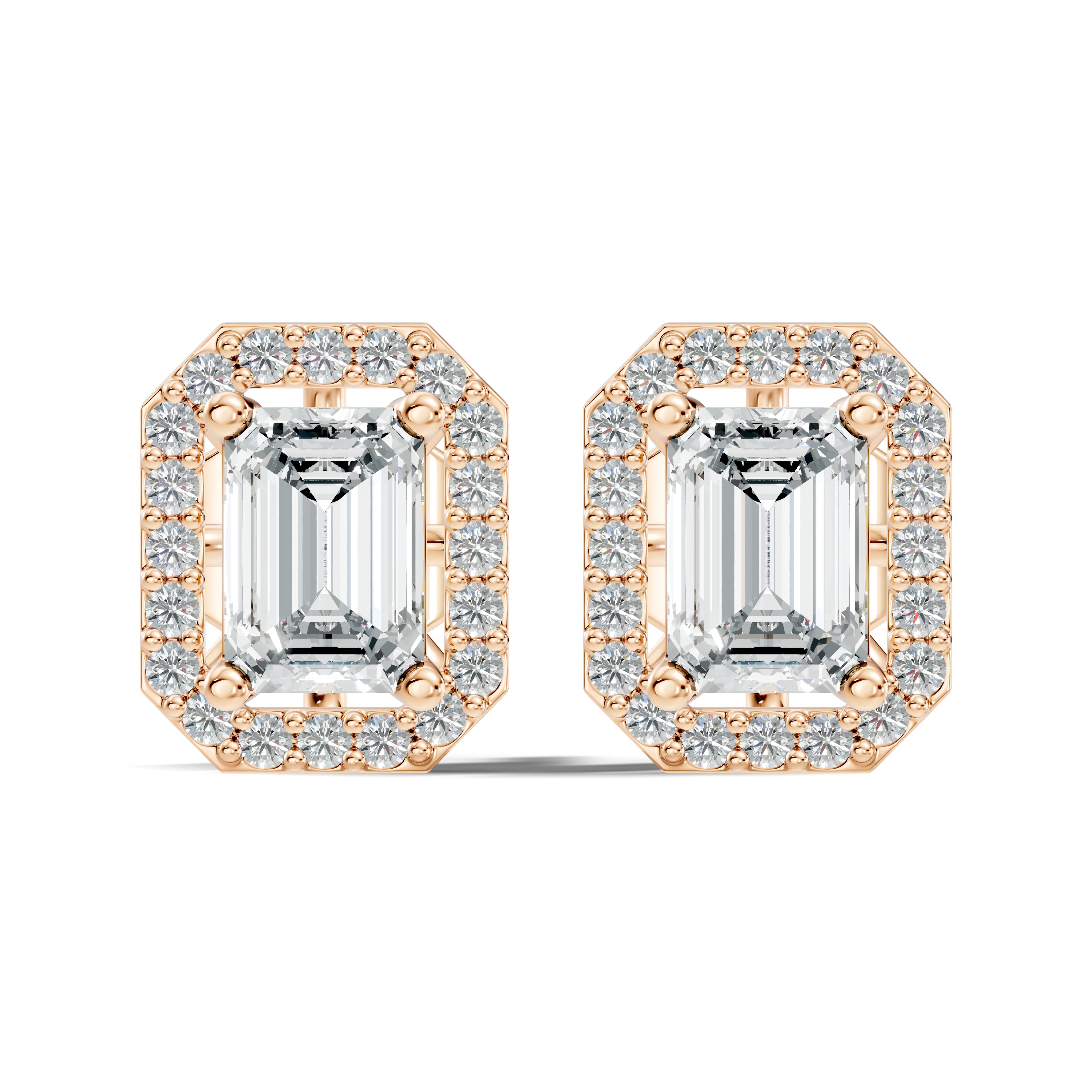 Emerald Cut Solitaire & Diamond Octagon Halo Stud