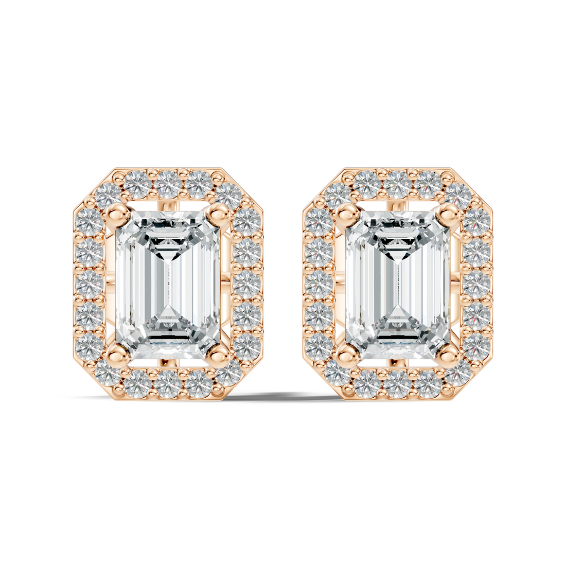 Emerald Cut Solitaire & Diamond Octagon Halo Stud