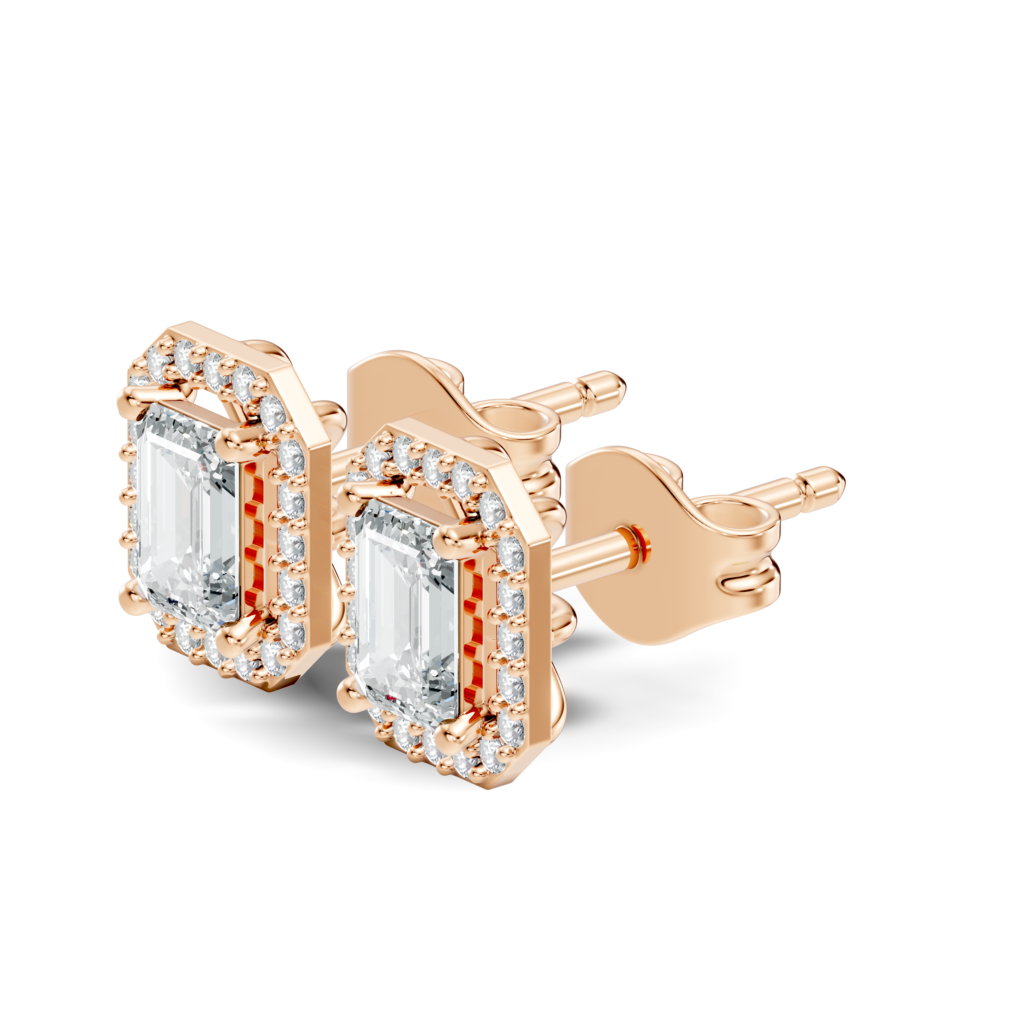 Emerald Cut Solitaire & Diamond Octagon Halo Stud